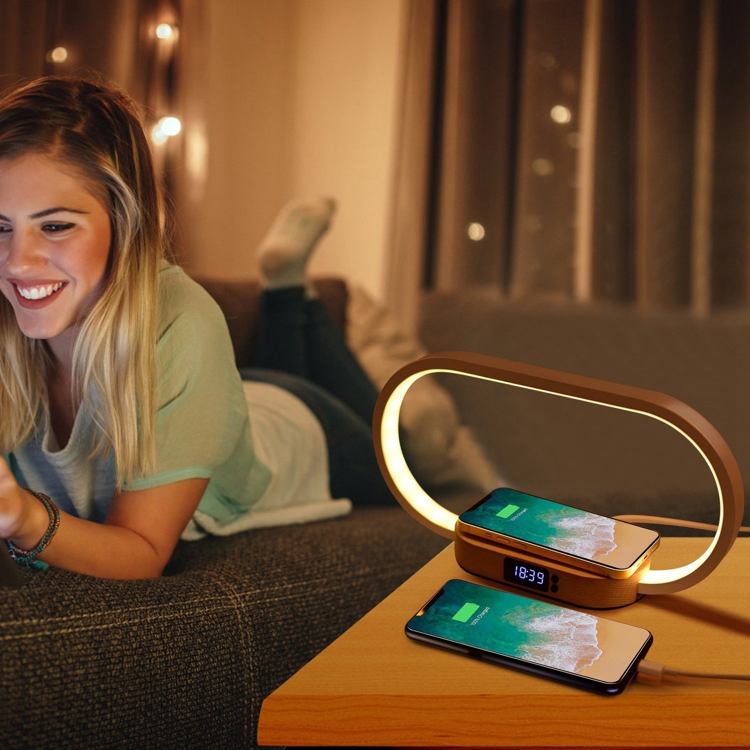 1 Set Bedside Table Lamp Touch Control Lamp With Clock Wireless Charging LED Desk Lamp Dimmable Nightstand Reading Lamp - Image 4