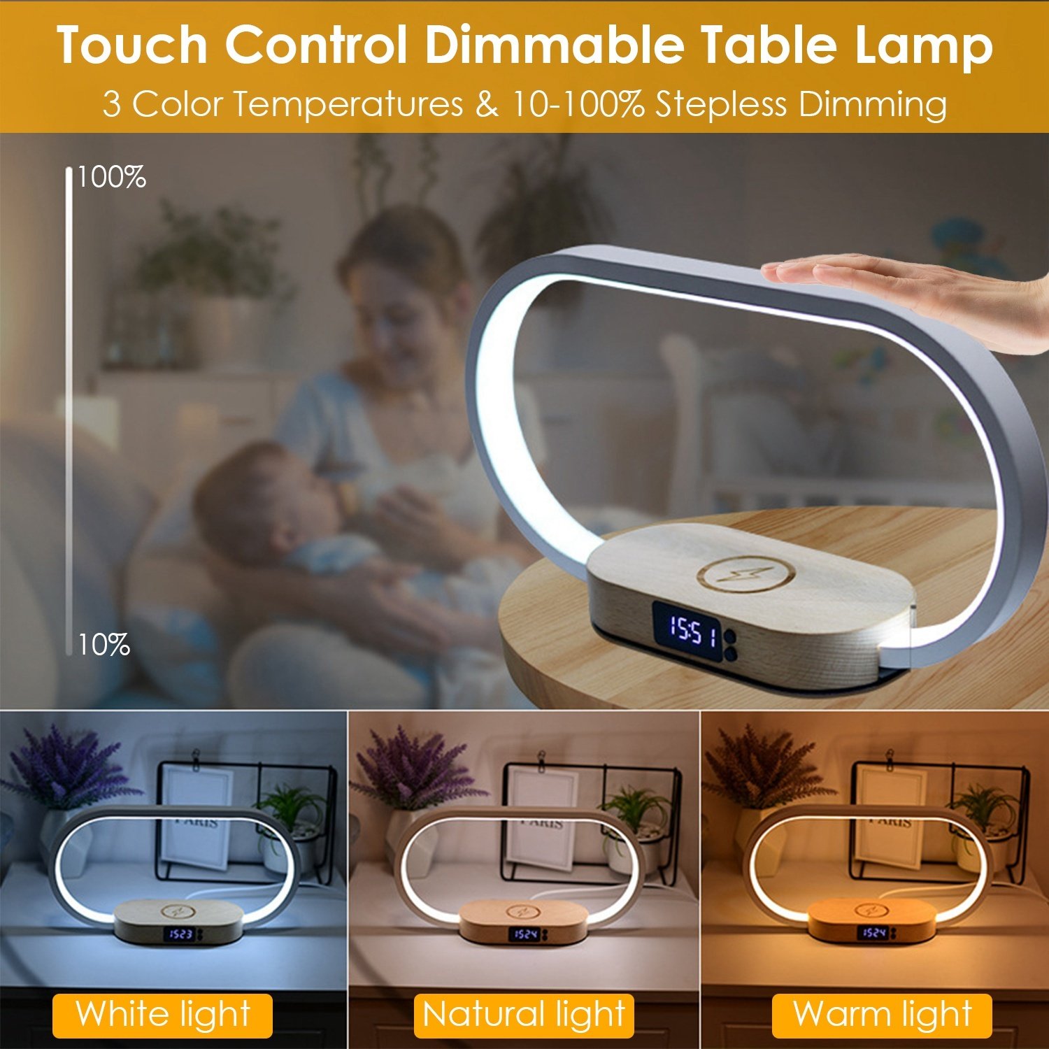 1 Set Bedside Table Lamp Touch Control Lamp With Clock Wireless Charging LED Desk Lamp Dimmable Nightstand Reading Lamp - Image 7