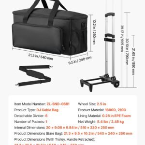 Rolling DJ Cable Bag, 1680D, Padded File Gig Bag With Wheels, 6 Detachable Divider, Travel Storage Music Gear Case, For Professional DJ Gear, Musical Instrument And Accessories, Sound Equipment