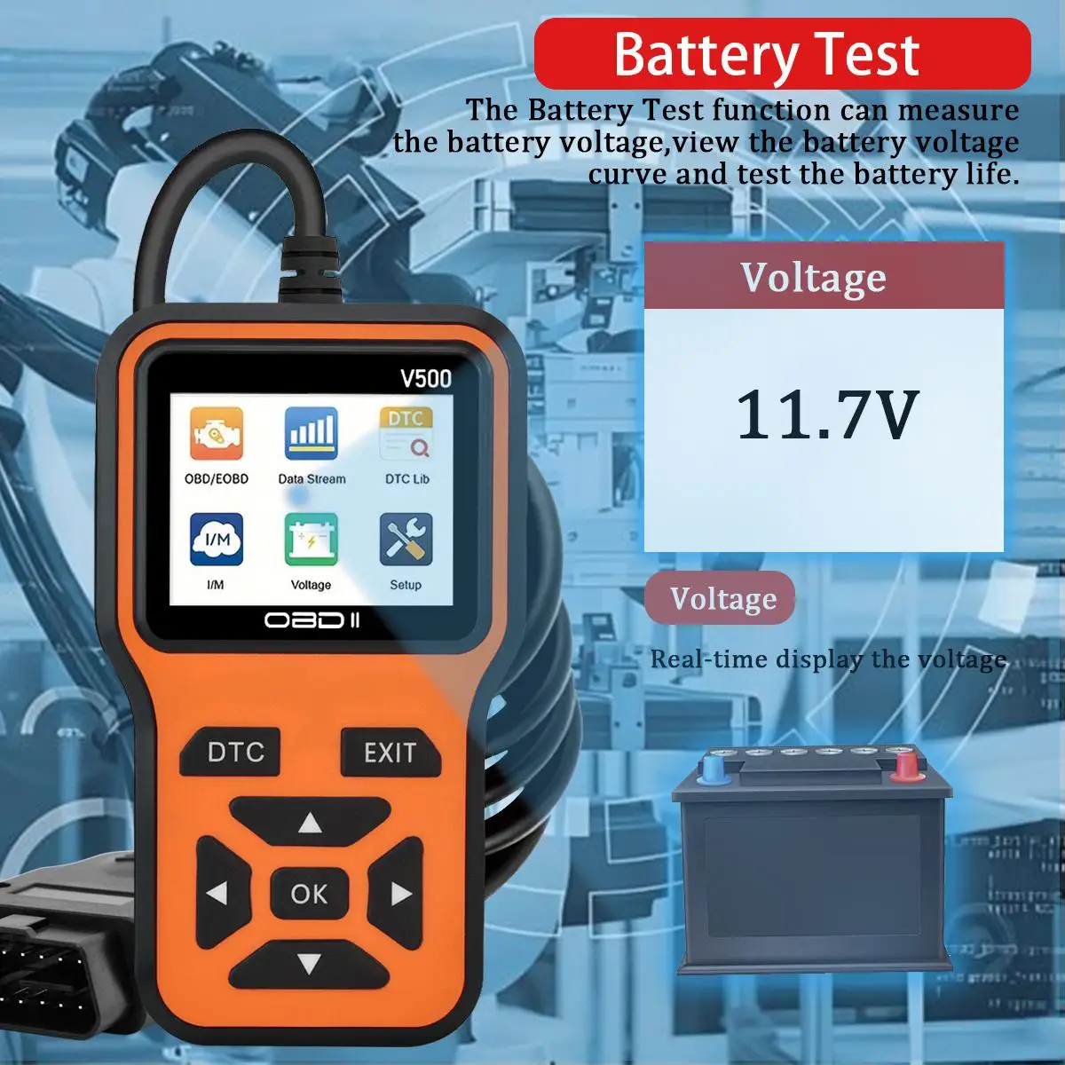Car OBD2 Scanner Diagnostic Tool Code Reader, Car Voltage Tester Engine Fault Code Scanner, Charging Tester Diagnostic Tool V500 - Image 3