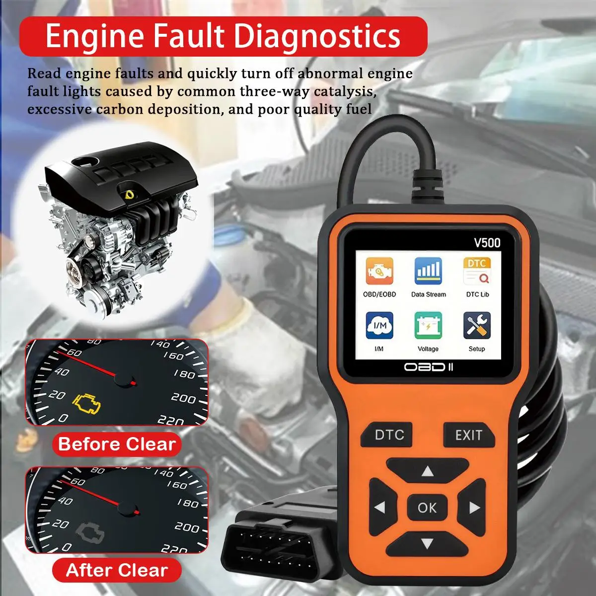 Car OBD2 Scanner Diagnostic Tool Code Reader, Car Voltage Tester Engine Fault Code Scanner, Charging Tester Diagnostic Tool V500 - Image 2