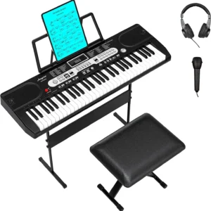 61 Key Beginner Digital Piano Keyboard Set with Stand Bench Microphone Headphones Music Rest Multiple Tones Rhythms Demo Songs Home Practice