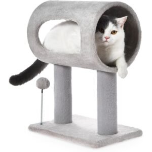 Gray Indoor Cat Tree With Hanging Ball 20.5Cat Tree With Tunnel Bed And Scratching Post Cat Tower