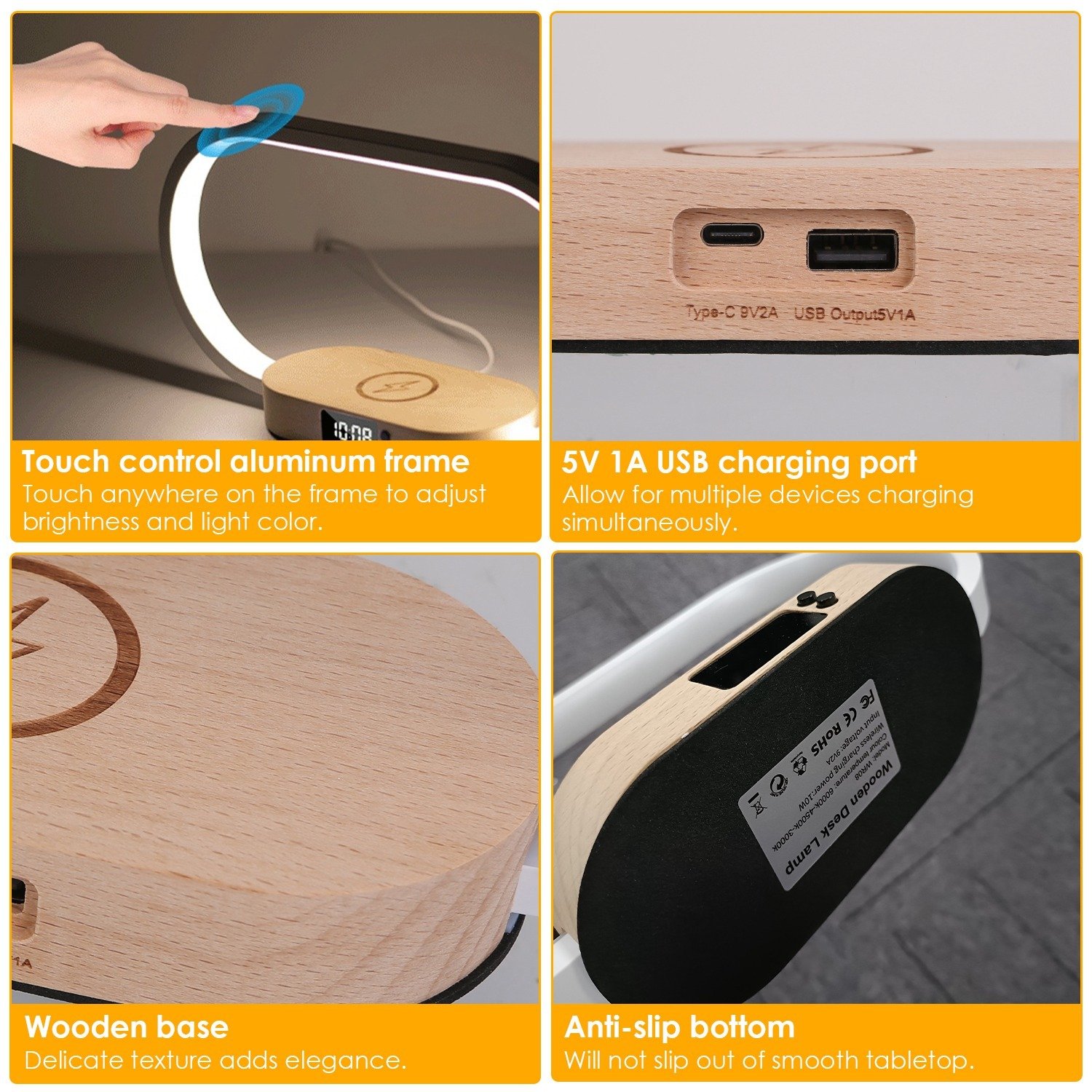 1 Set Bedside Table Lamp Touch Control Lamp With Clock Wireless Charging LED Desk Lamp Dimmable Nightstand Reading Lamp - Image 8