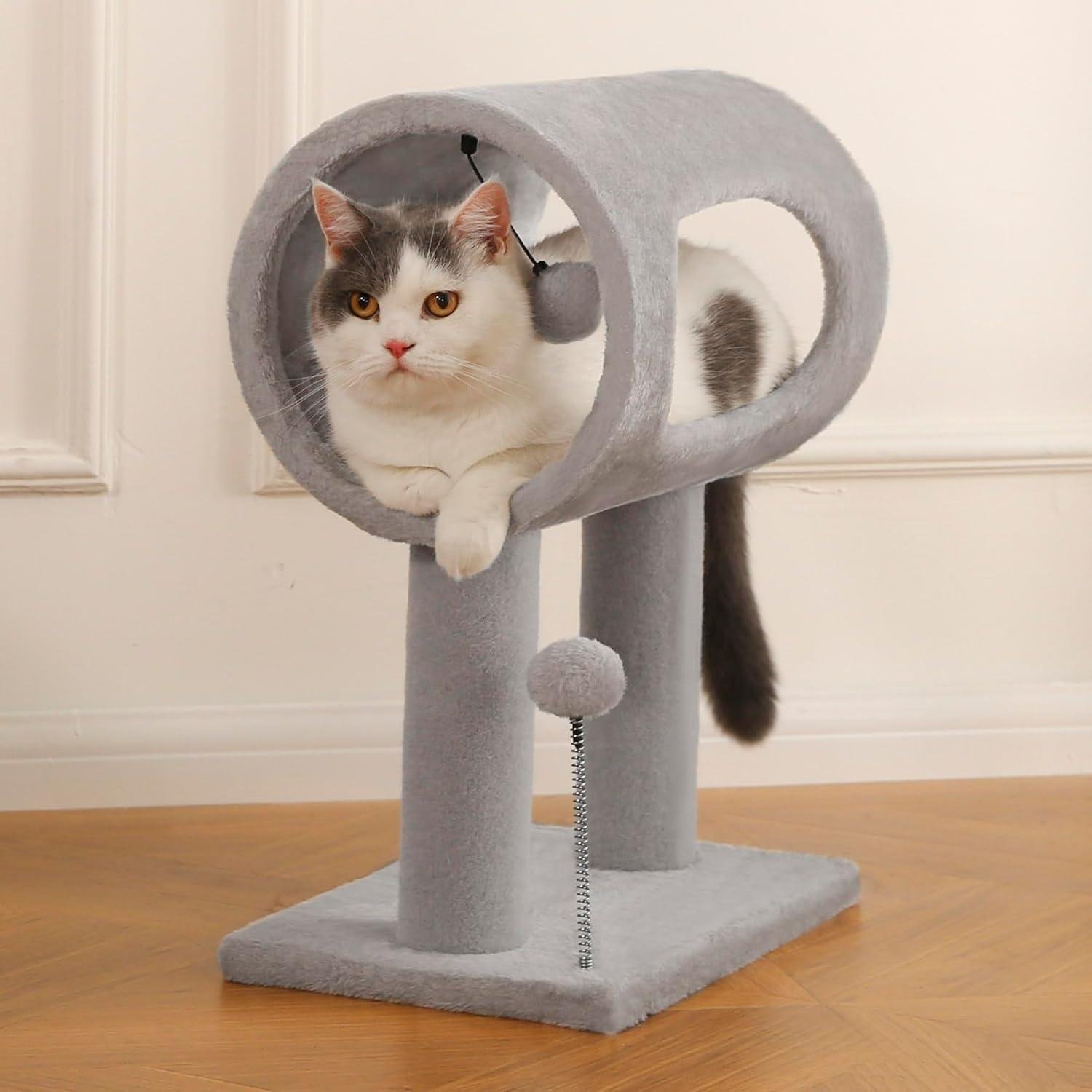 Gray Indoor Cat Tree With Hanging Ball 20.5Cat Tree With Tunnel Bed And Scratching Post Cat Tower - Image 2