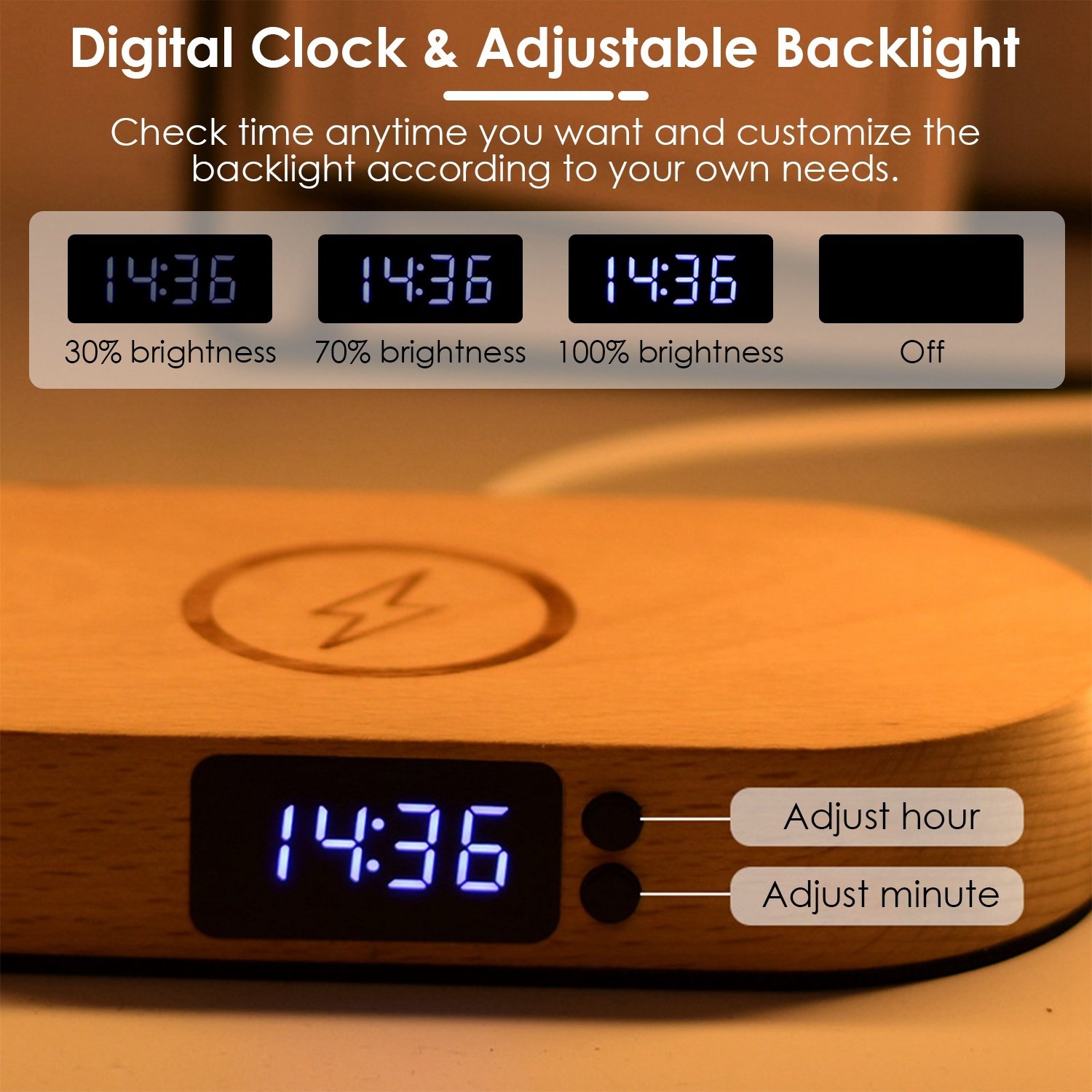 1 Set Bedside Table Lamp Touch Control Lamp With Clock Wireless Charging LED Desk Lamp Dimmable Nightstand Reading Lamp - Image 6