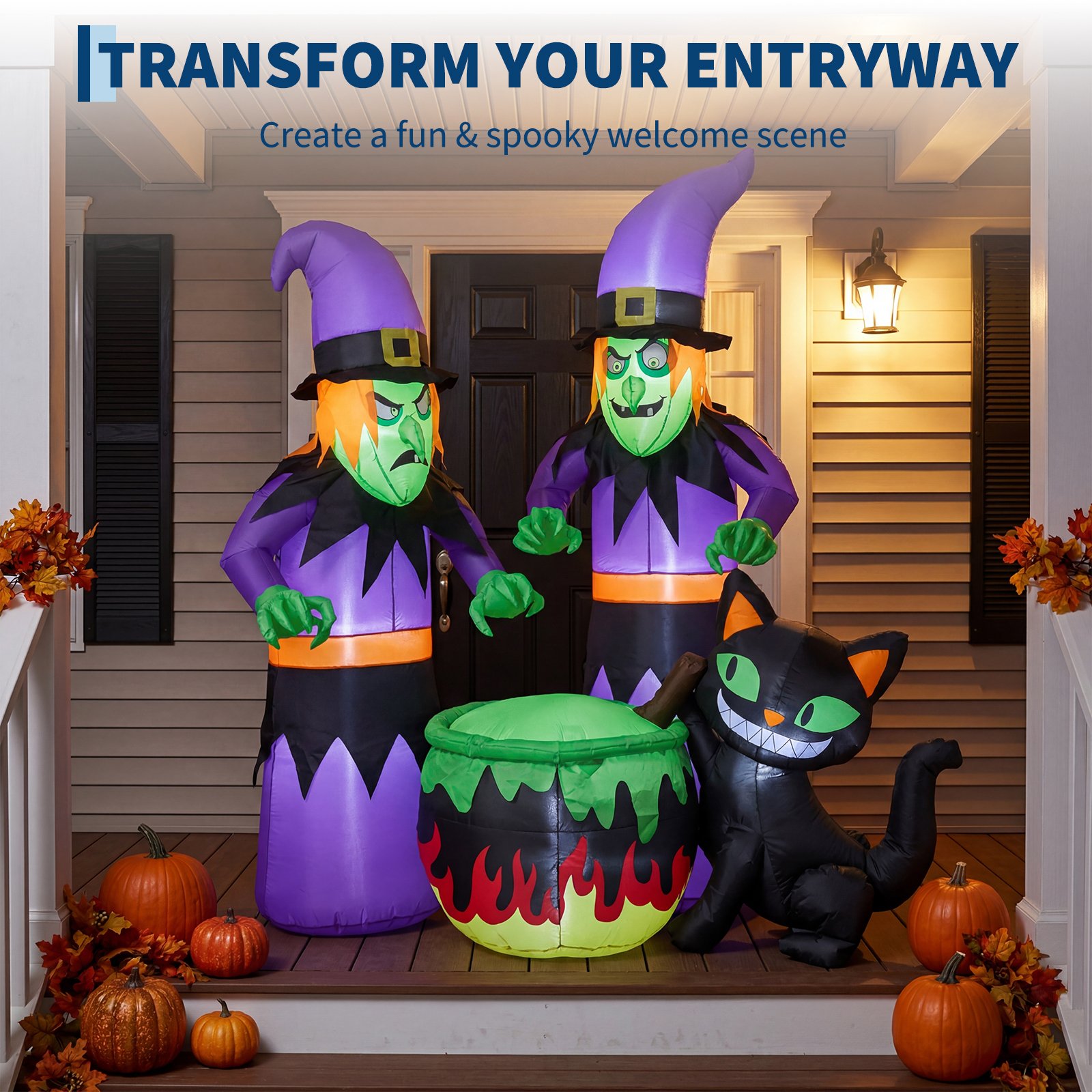 Halloween Inflatable Witch with Cauldron and Black Cat 180cm LED Lighted Waterproof - Image 12