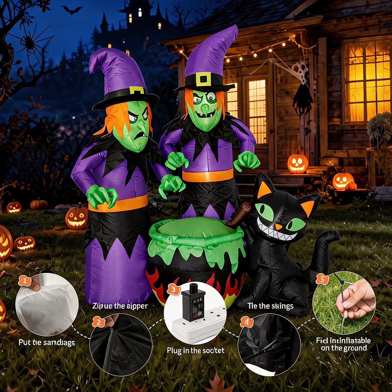 Halloween Inflatable Witch with Cauldron and Black Cat 180cm LED Lighted Waterproof - Image 10
