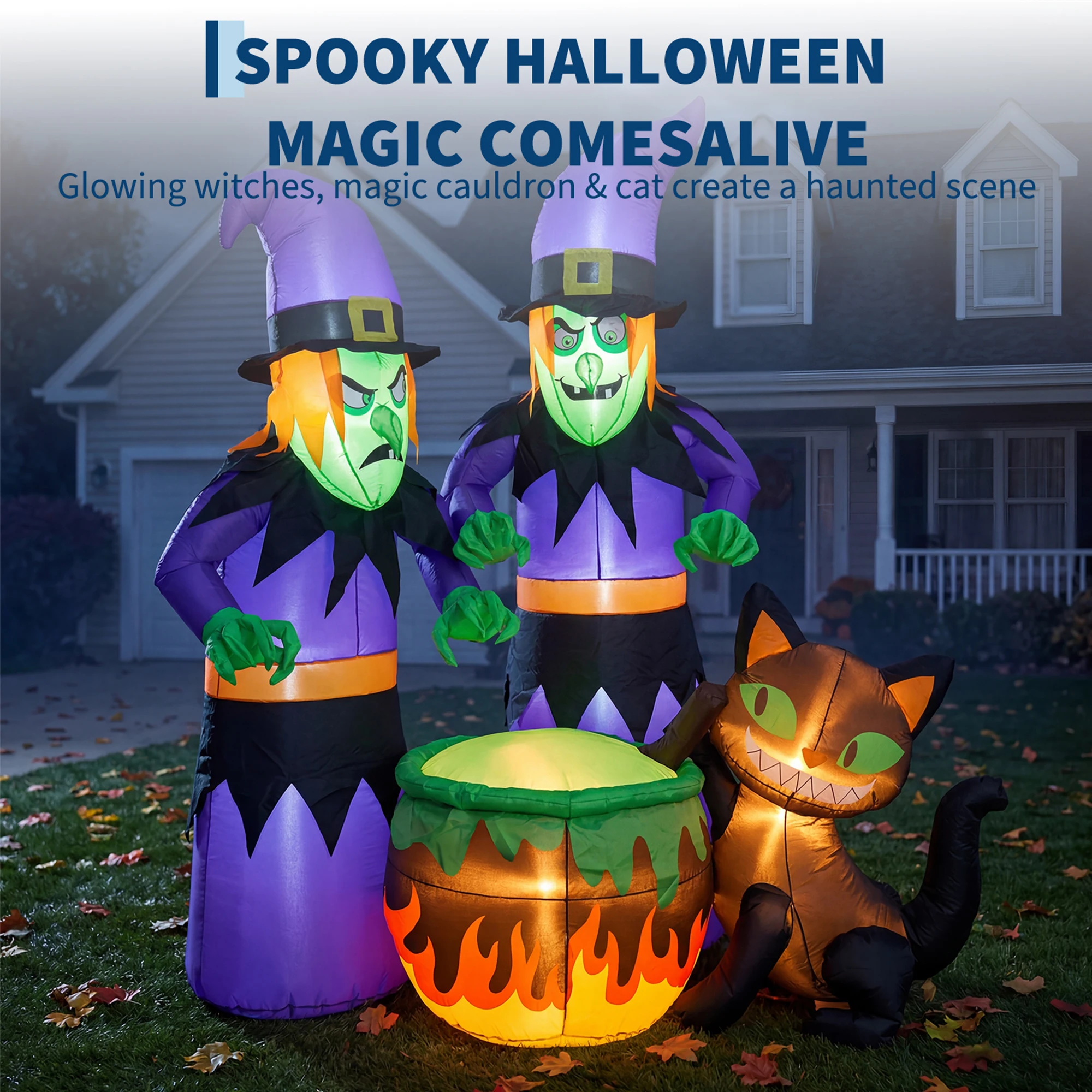 Halloween Inflatable Witch with Cauldron and Black Cat 180cm LED Lighted Waterproof - Image 5