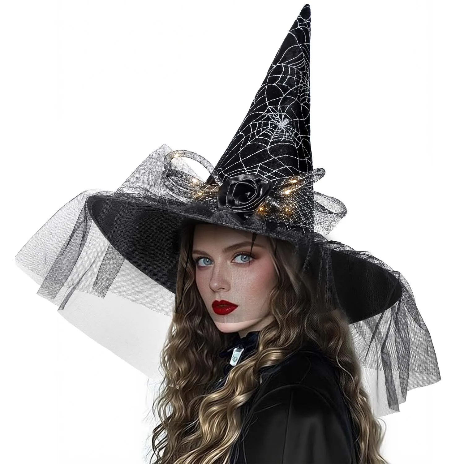 Women Halloween Witch Hat, 6 Styles Black Orange Purple Pointed Witch Hats with Spider Web Lace, Flower, Feather and LED Light Decor, Halloween Party Cosplay Costume Accessory - Image 10