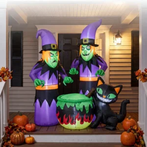 Halloween Inflatable Witch with Cauldron and Black Cat 180cm LED Lighted Waterproof