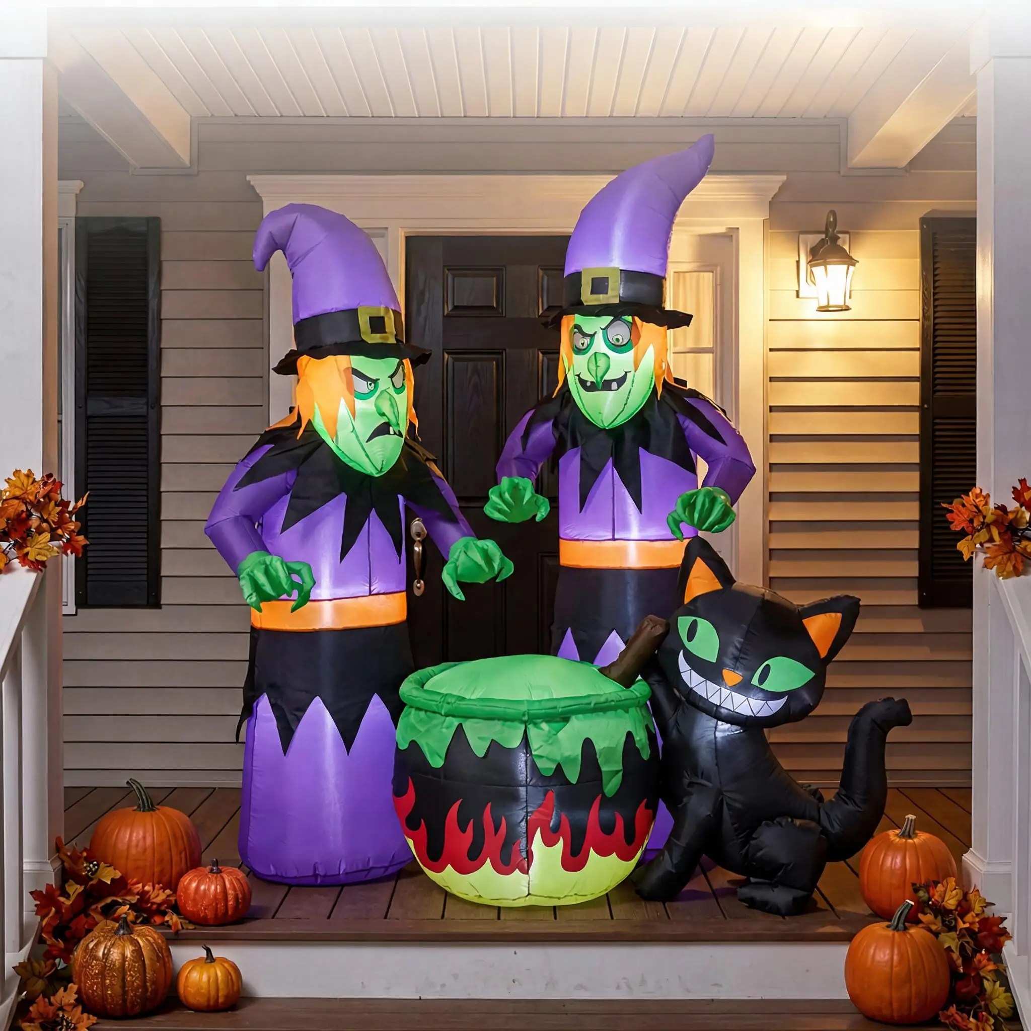 Halloween Inflatable Witch with Cauldron and Black Cat 180cm LED Lighted Waterproof