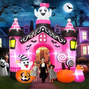 11 FT Halloween Inflatables Ghost Archway Outdoor Decor, Pink Castle Blow Up Yard Decoration with Built-in Lights, Scary Inflatable for Yard, Garden, Lawn, Indoor & Outdoor Use
