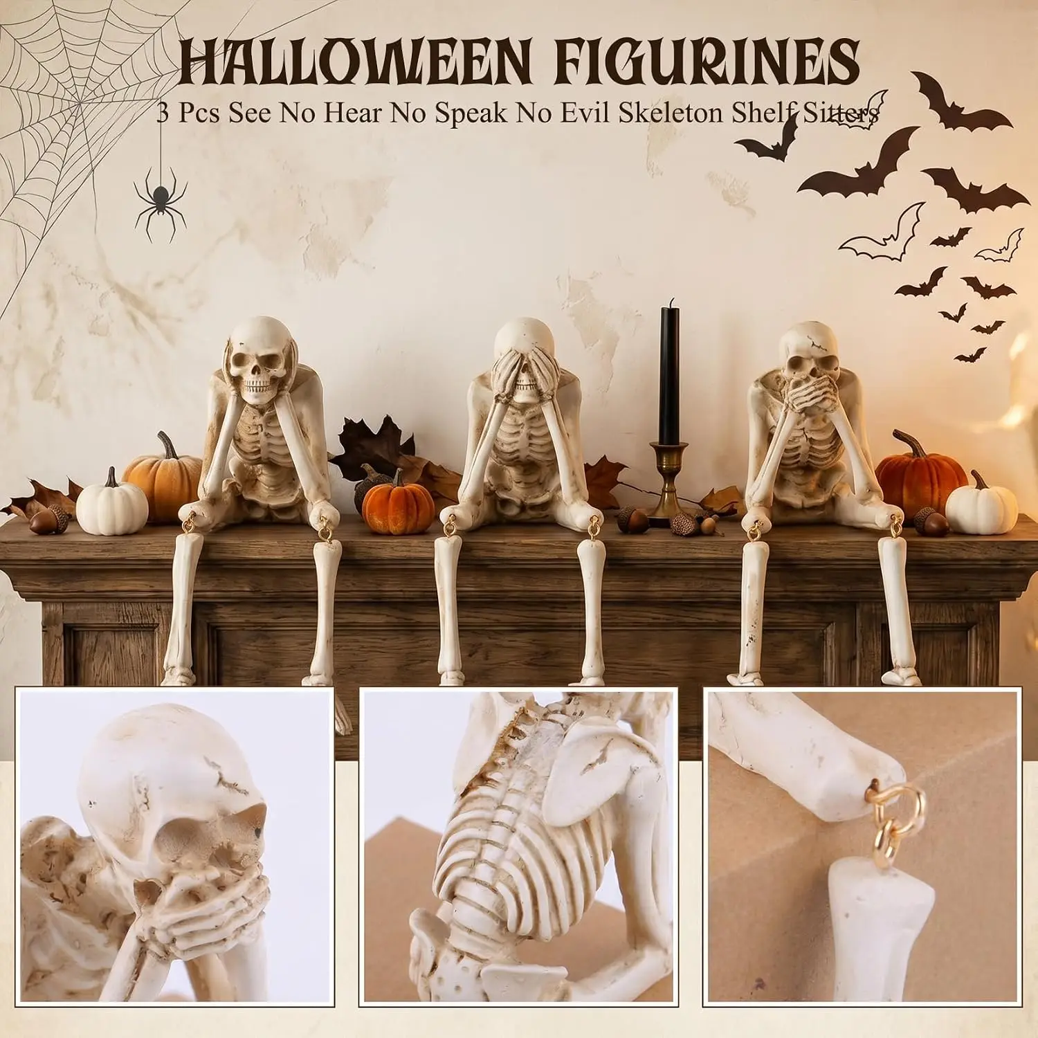3PCS Halloween Skeleton Figurines Set Full Body Skeleton H Movable Joint Plastic Hanging Skull Ornament for Haunted House Party Supplies - Image 5