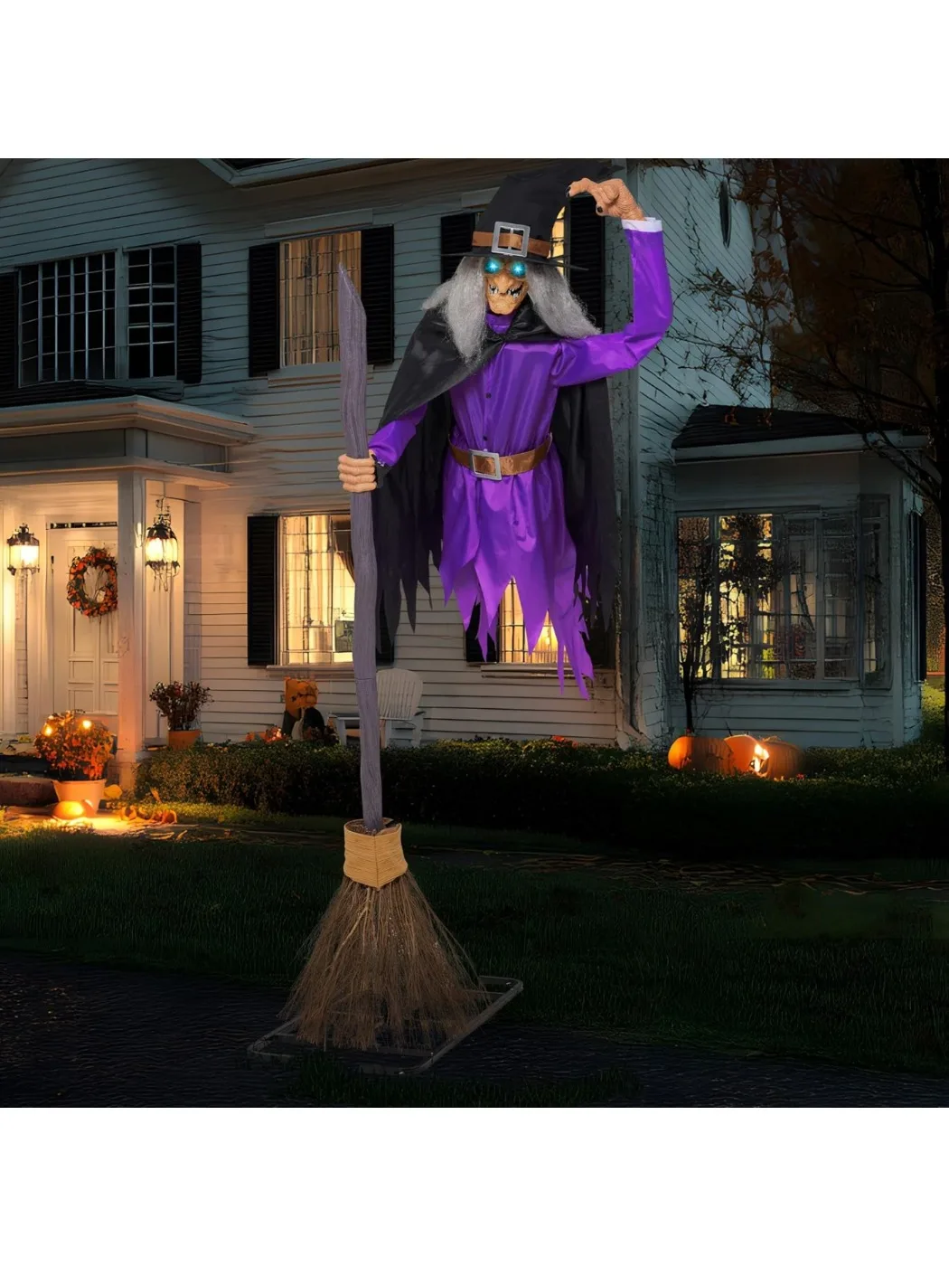 8FT Halloween Animated Flying Witch Decorations Outdoor Floating Witch on Broom Animatronics Hovering Witch Decor with Light Eyes and Spooky Voice, Scary Haunted House Prop for Outside Yard Lawn - Image 6