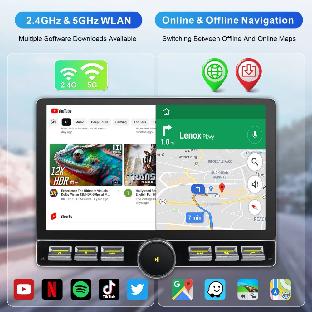 IYING Single Din 11.6" Car Radio Wireless CarPlay Android Auto 2+32GB, 5G WiFi Split‑Screen PIP, AM FM Car Stereo with Physical Knob, Steering Wheel Control, Detachable Adjustable Display - Image 2