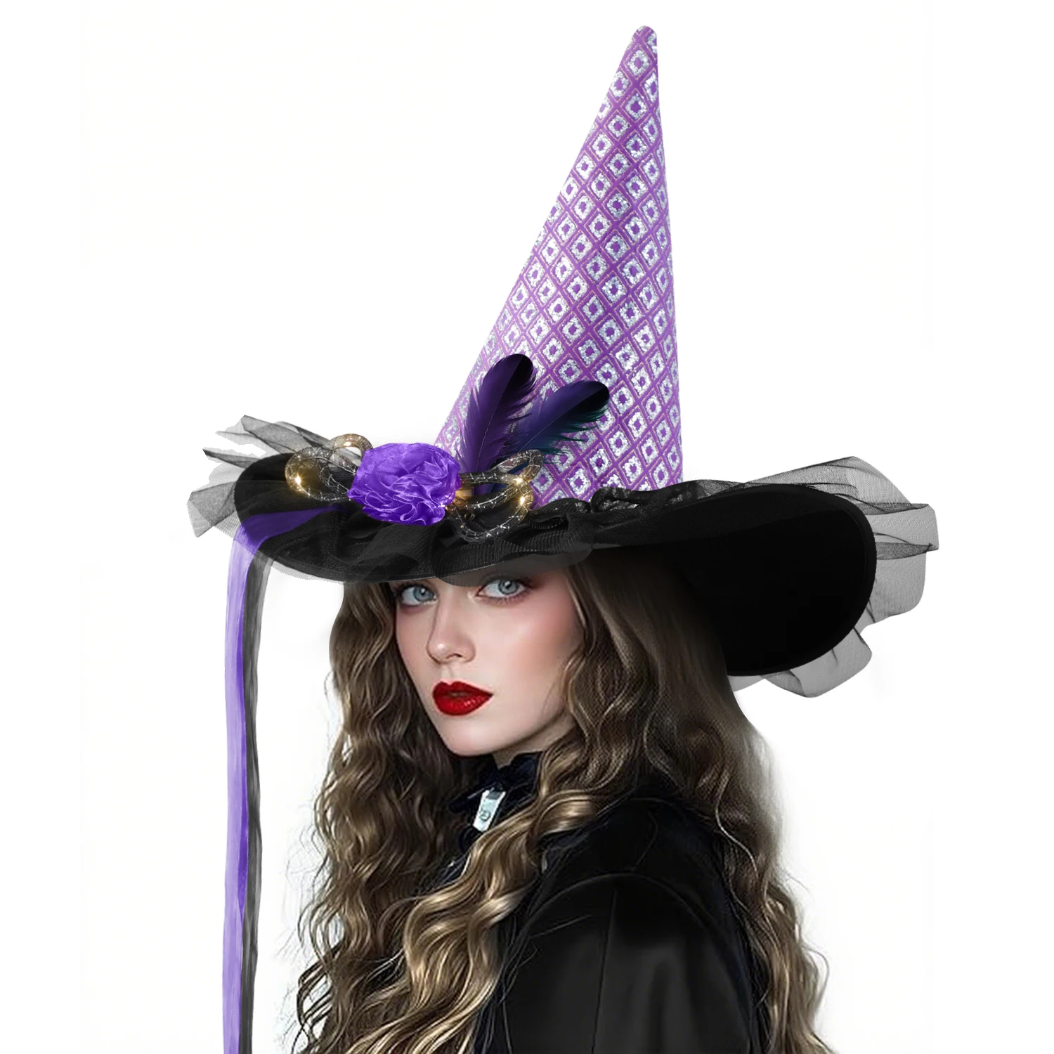 Women Halloween Witch Hat, 6 Styles Black Orange Purple Pointed Witch Hats with Spider Web Lace, Flower, Feather and LED Light Decor, Halloween Party Cosplay Costume Accessory - Image 13