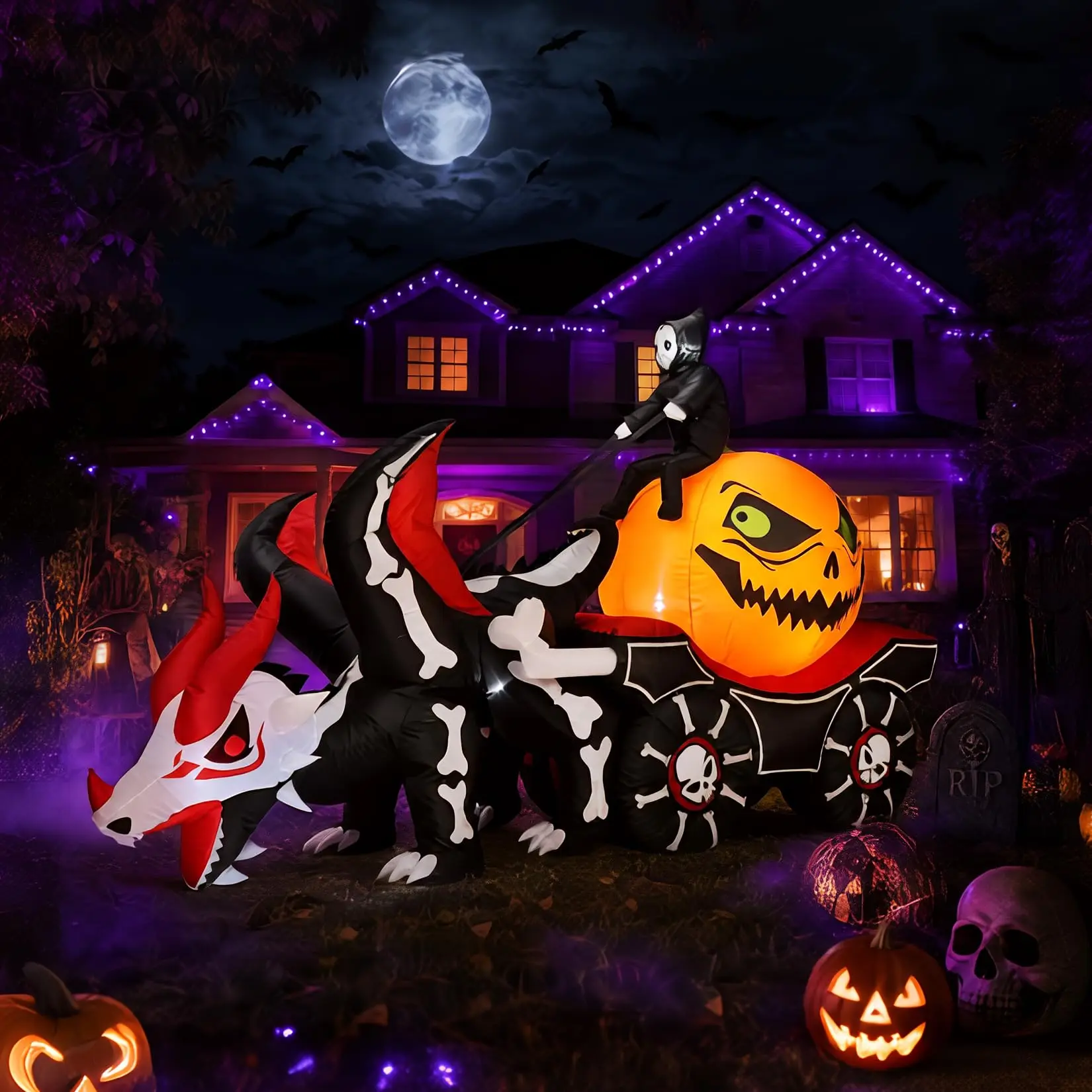 12ft Grim Reaper Dragon Carriage Halloween Inflatable With 3 Led Lights, Outdoor Yard Decoration For Lawn Porch Garden Party Display - Image 18