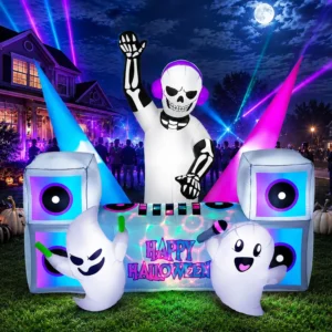 Halloween Outdoor Inflatable Decoration 7FT, Skeleton DJ Ghosts with Bright Multicolor and Disco Flashing LED Lights, Neon Blow-Up Yard Booth Decoration for Party, Lawn, Festival