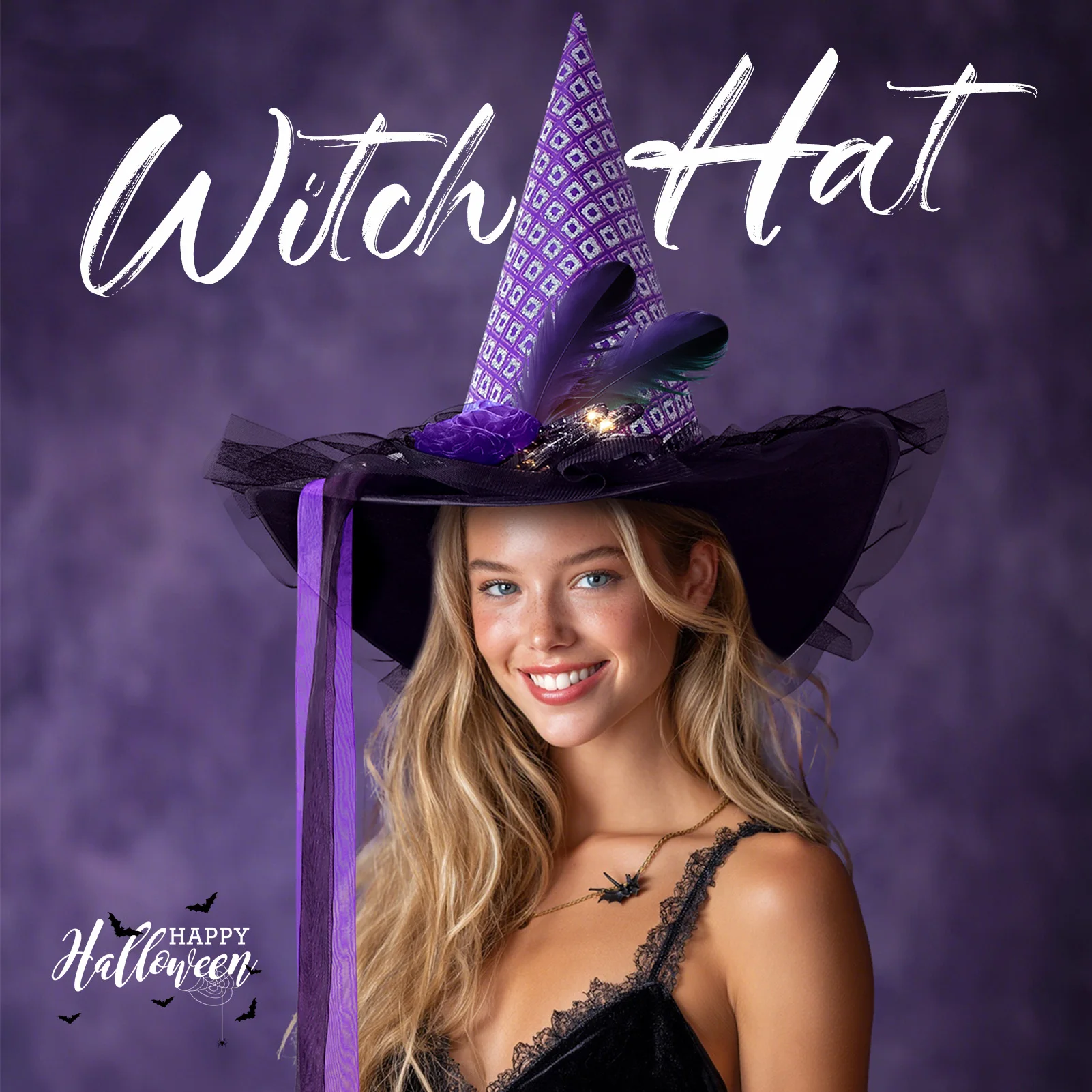 Women Halloween Witch Hat, 6 Styles Black Orange Purple Pointed Witch Hats with Spider Web Lace, Flower, Feather and LED Light Decor, Halloween Party Cosplay Costume Accessory - Image 7