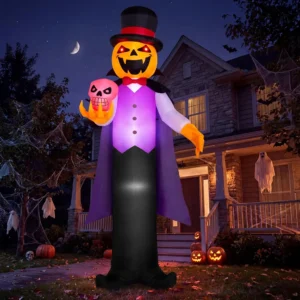 12FT Giant Halloween Inflatable Pumpkin Ghost Vampire with Skull, Halloween Blow Up Gentleman Ghost Yard Decoration with Built-in LED Glowing Eyes for Lawn Garden Indoor Outdoor Decor