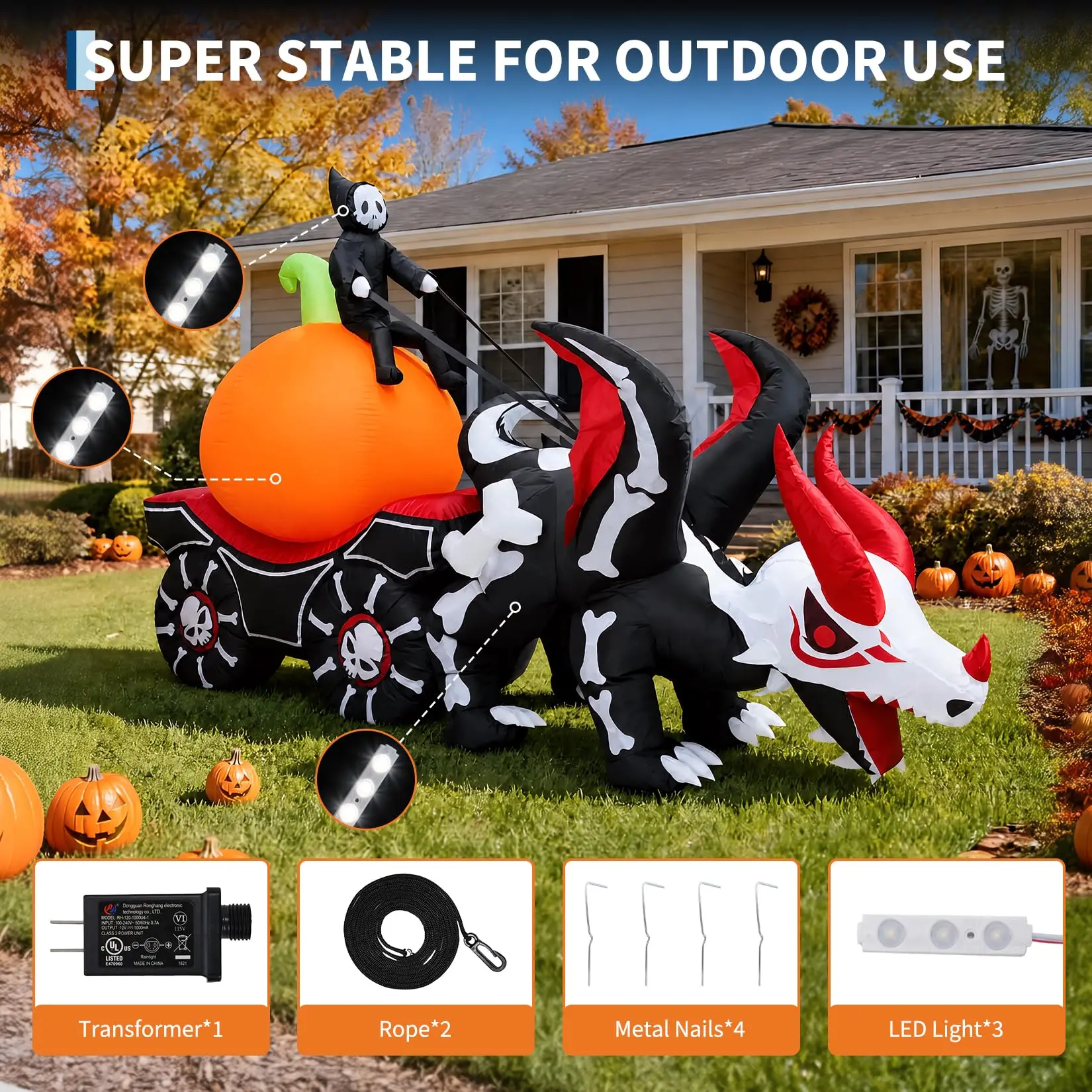 12ft Grim Reaper Dragon Carriage Halloween Inflatable With 3 Led Lights, Outdoor Yard Decoration For Lawn Porch Garden Party Display - Image 4