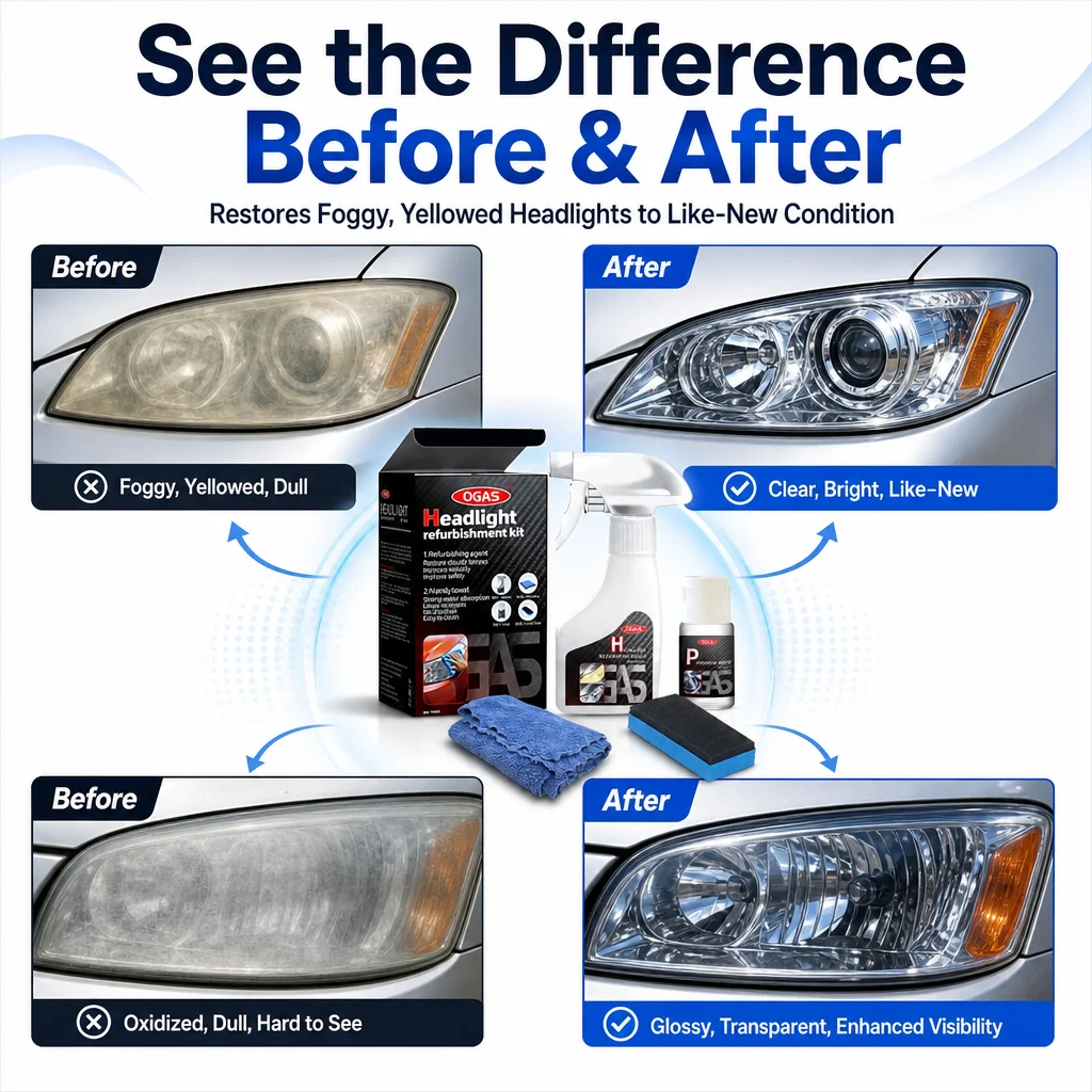 OGAS Car Headlight Restoration Coating Kit 180ml+10ml Yellow Oxidation Remover No Sanding Polishing Agent Auto Lamp Refurbish Protective Fluid with Cleaning Tools - Image 4