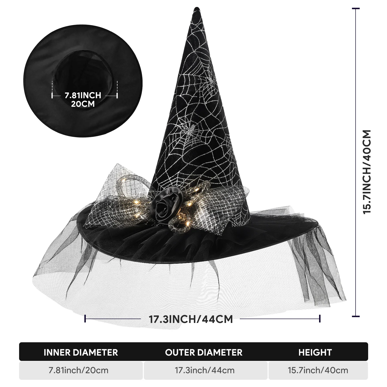 Women Halloween Witch Hat, 6 Styles Black Orange Purple Pointed Witch Hats with Spider Web Lace, Flower, Feather and LED Light Decor, Halloween Party Cosplay Costume Accessory - Image 4