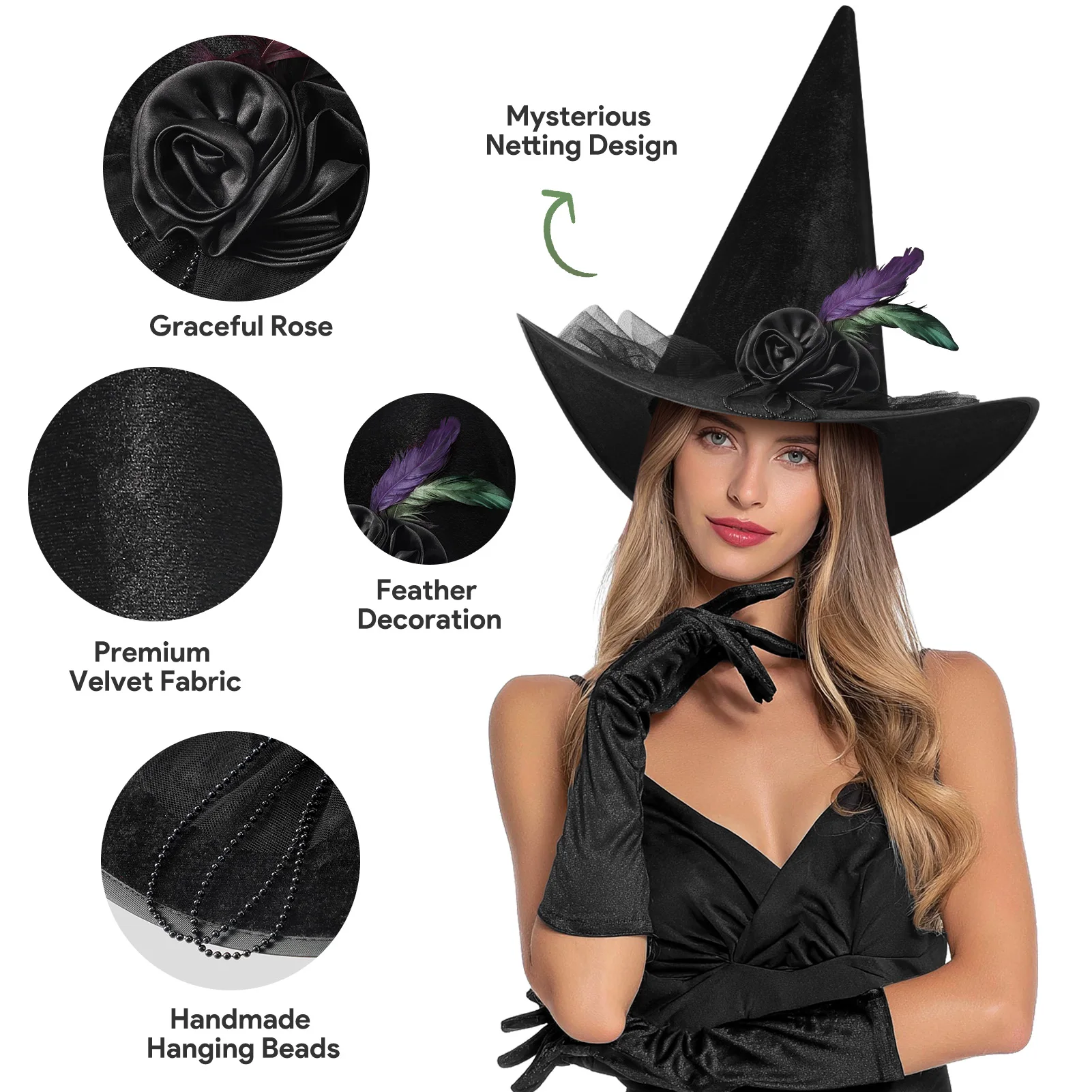 Women Halloween Witch Hat, 6 Styles Black Orange Purple Pointed Witch Hats with Spider Web Lace, Flower, Feather and LED Light Decor, Halloween Party Cosplay Costume Accessory - Image 3