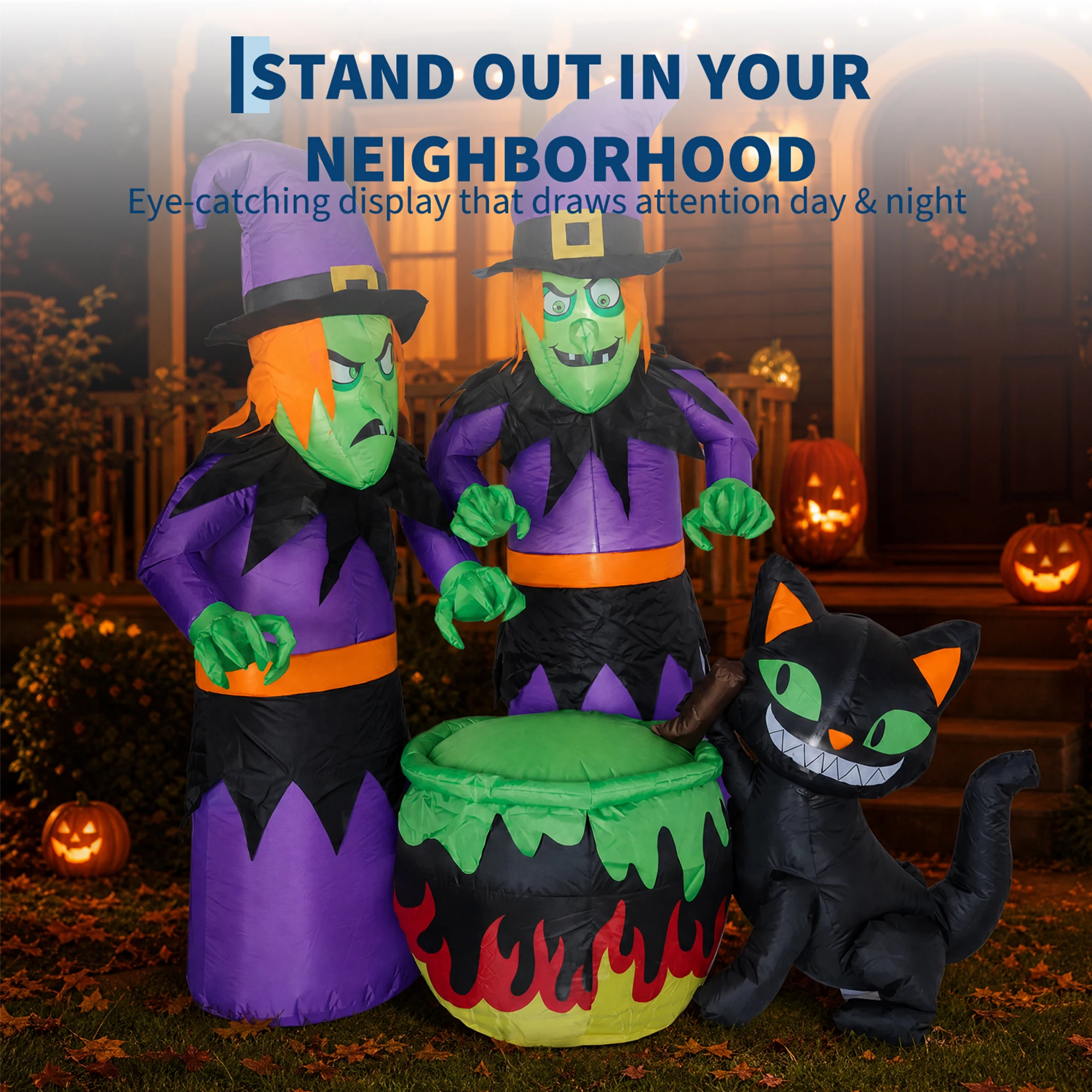 Halloween Inflatable Witch with Cauldron and Black Cat 180cm LED Lighted Waterproof - Image 7