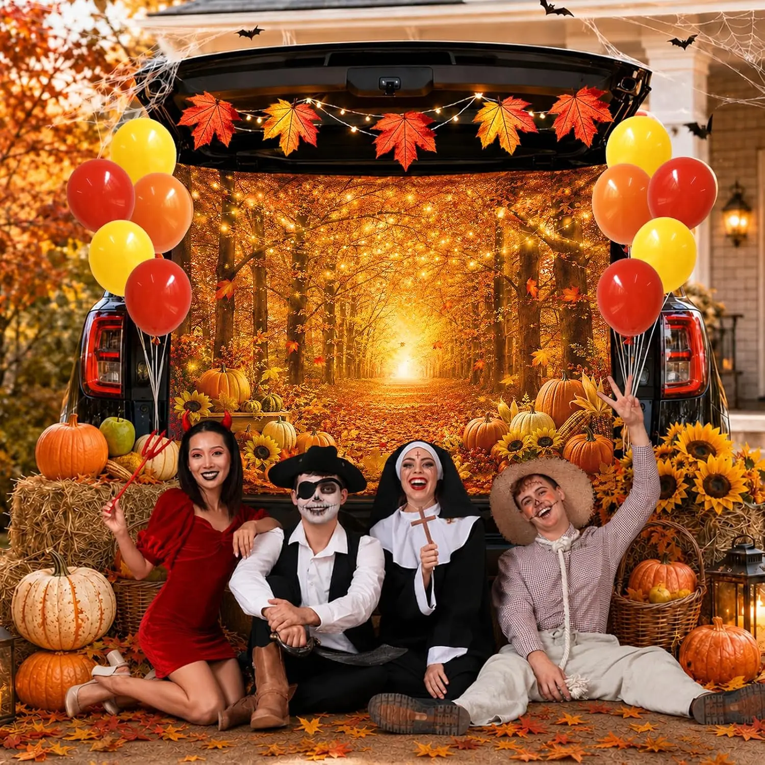 Halloween Trunk or Treat Car Decorations Kit, Autumn Pumpkin Themed Outdoor Garage Archway SUV Decorations with Fall Banner, Backdrop,Balloons and Stickers - Image 6