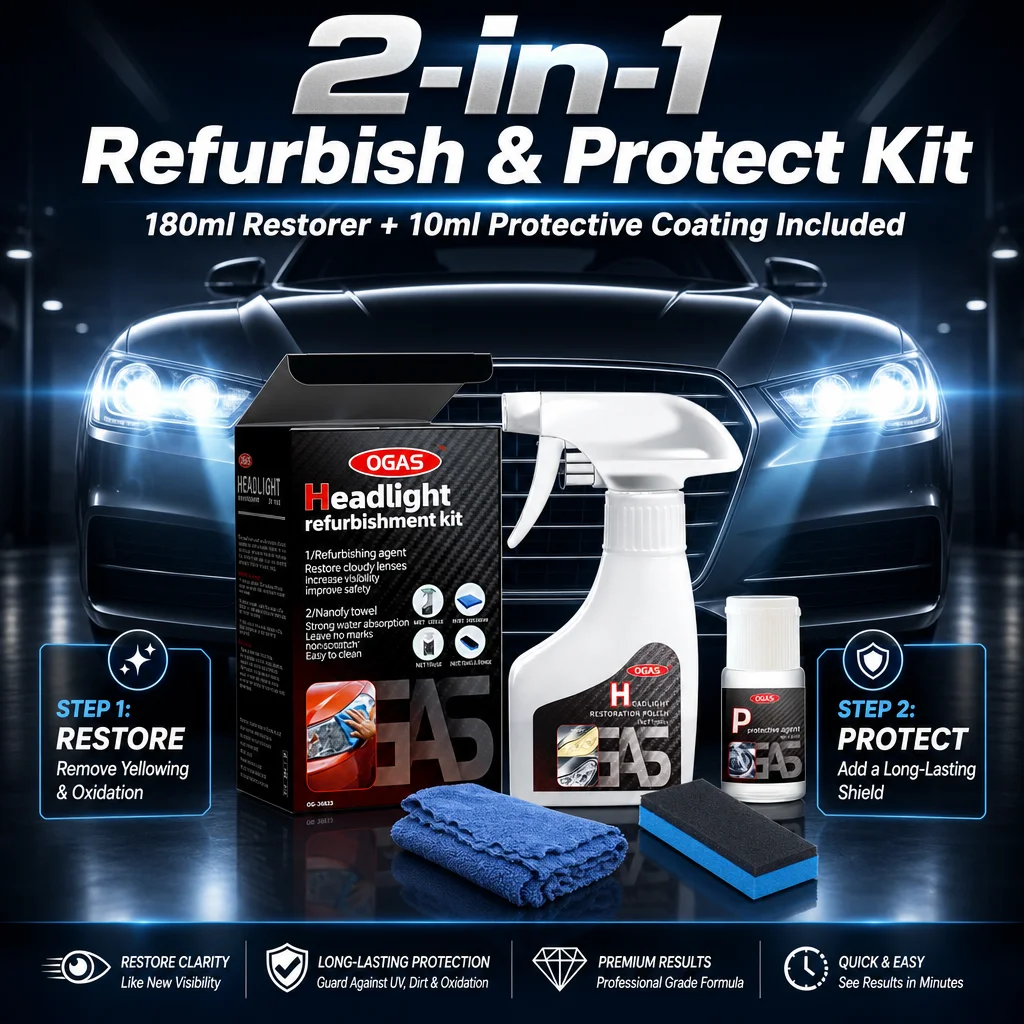 OGAS Car Headlight Restoration Coating Kit 180ml+10ml Yellow Oxidation Remover No Sanding Polishing Agent Auto Lamp Refurbish Protective Fluid with Cleaning Tools - Image 8