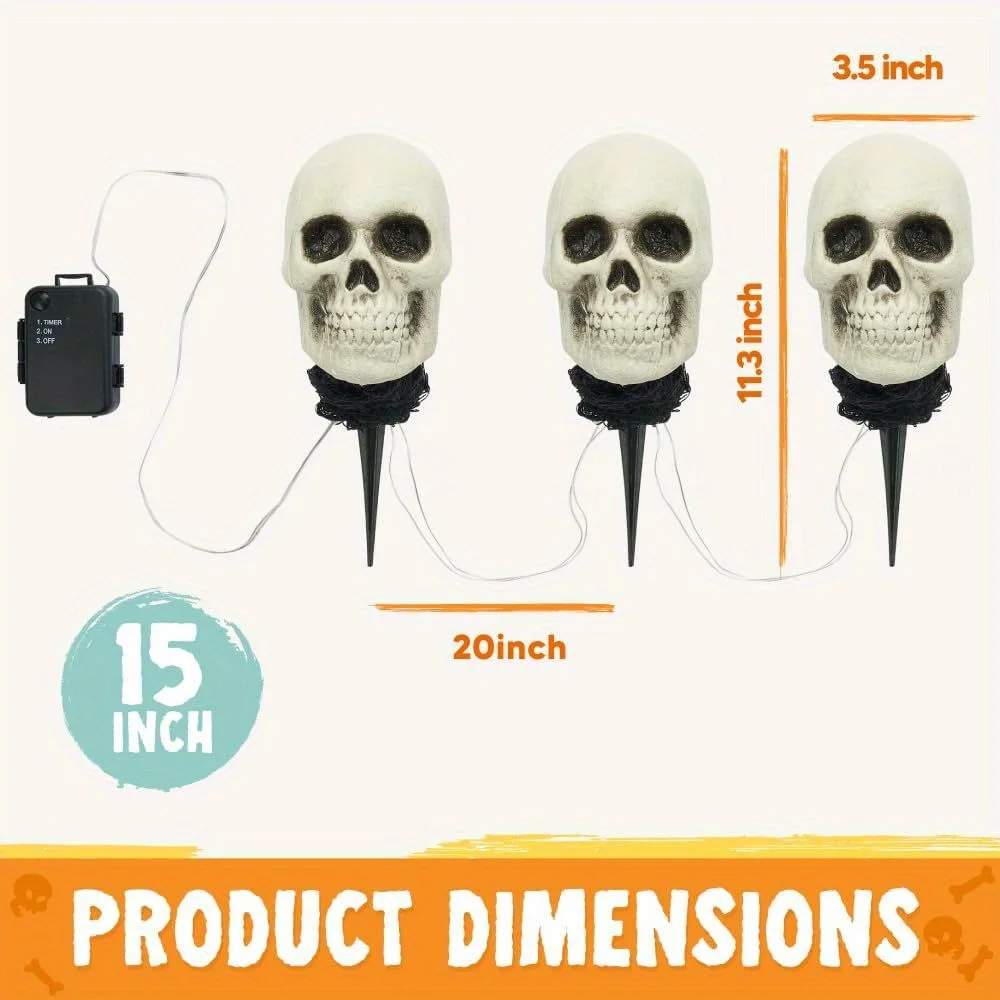 3 Pcs Halloween Skeleton Decorations - Outdoor Light Up Skull Stakes Pathway Makers for Lawn Props Yard Decor - Image 4