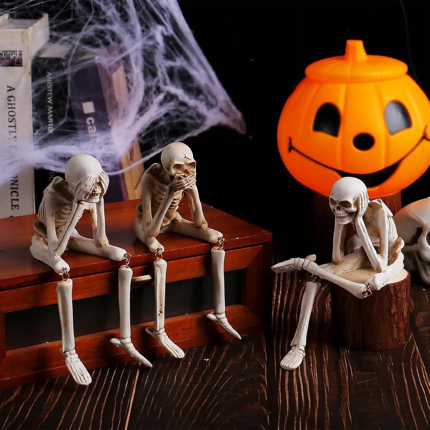 3PCS Halloween Skeleton Figurines Set Full Body Skeleton H Movable Joint Plastic Hanging Skull Ornament for Haunted House Party Supplies - Image 2