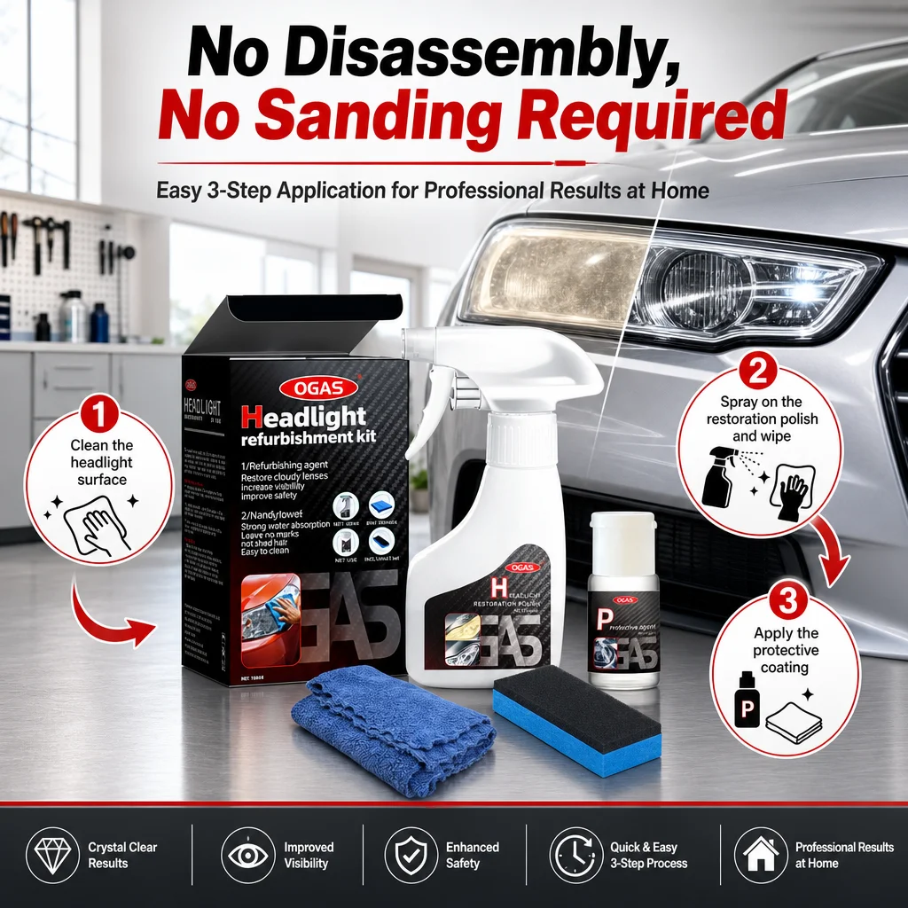 OGAS Car Headlight Restoration Coating Kit 180ml+10ml Yellow Oxidation Remover No Sanding Polishing Agent Auto Lamp Refurbish Protective Fluid with Cleaning Tools - Image 10