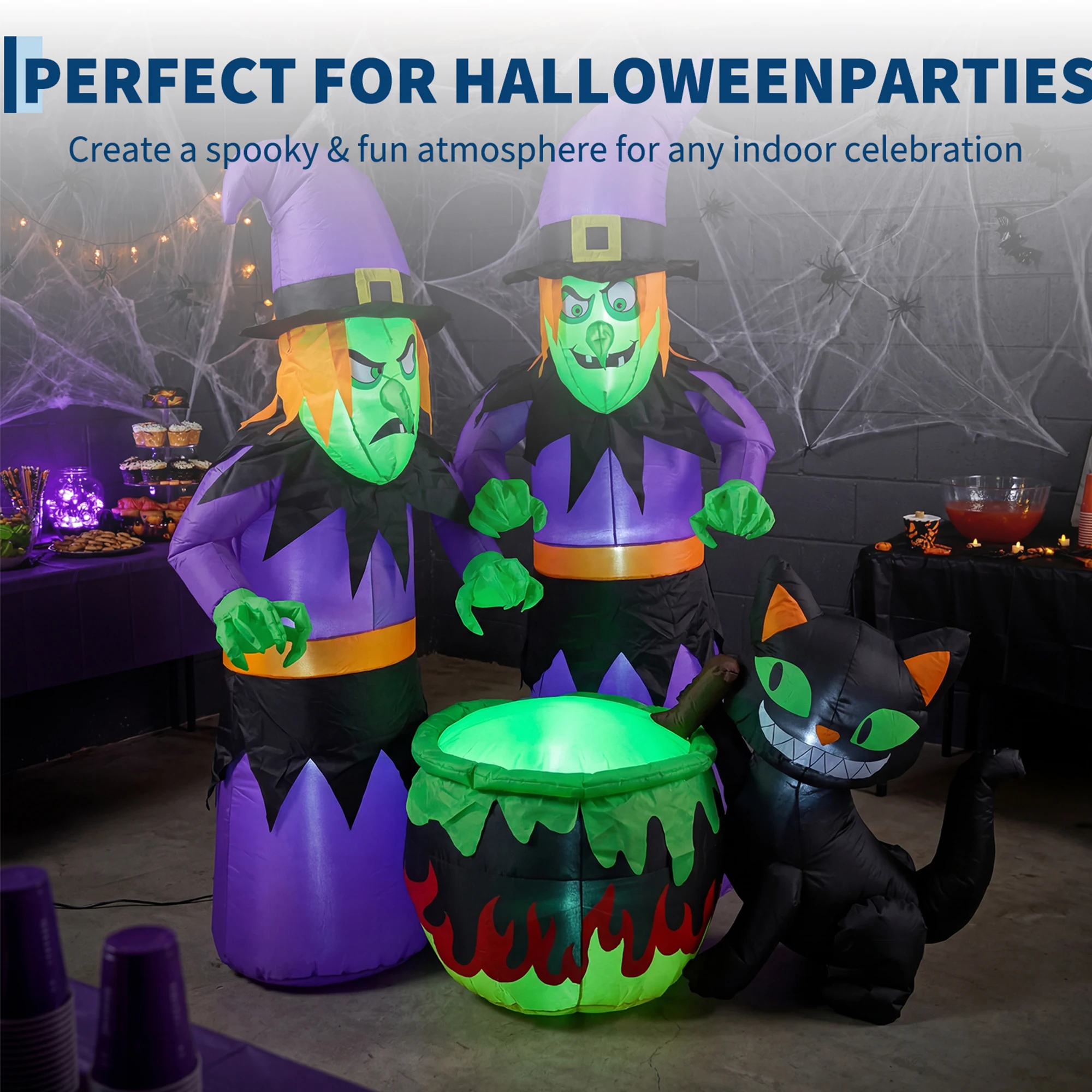 Halloween Inflatable Witch with Cauldron and Black Cat 180cm LED Lighted Waterproof - Image 4