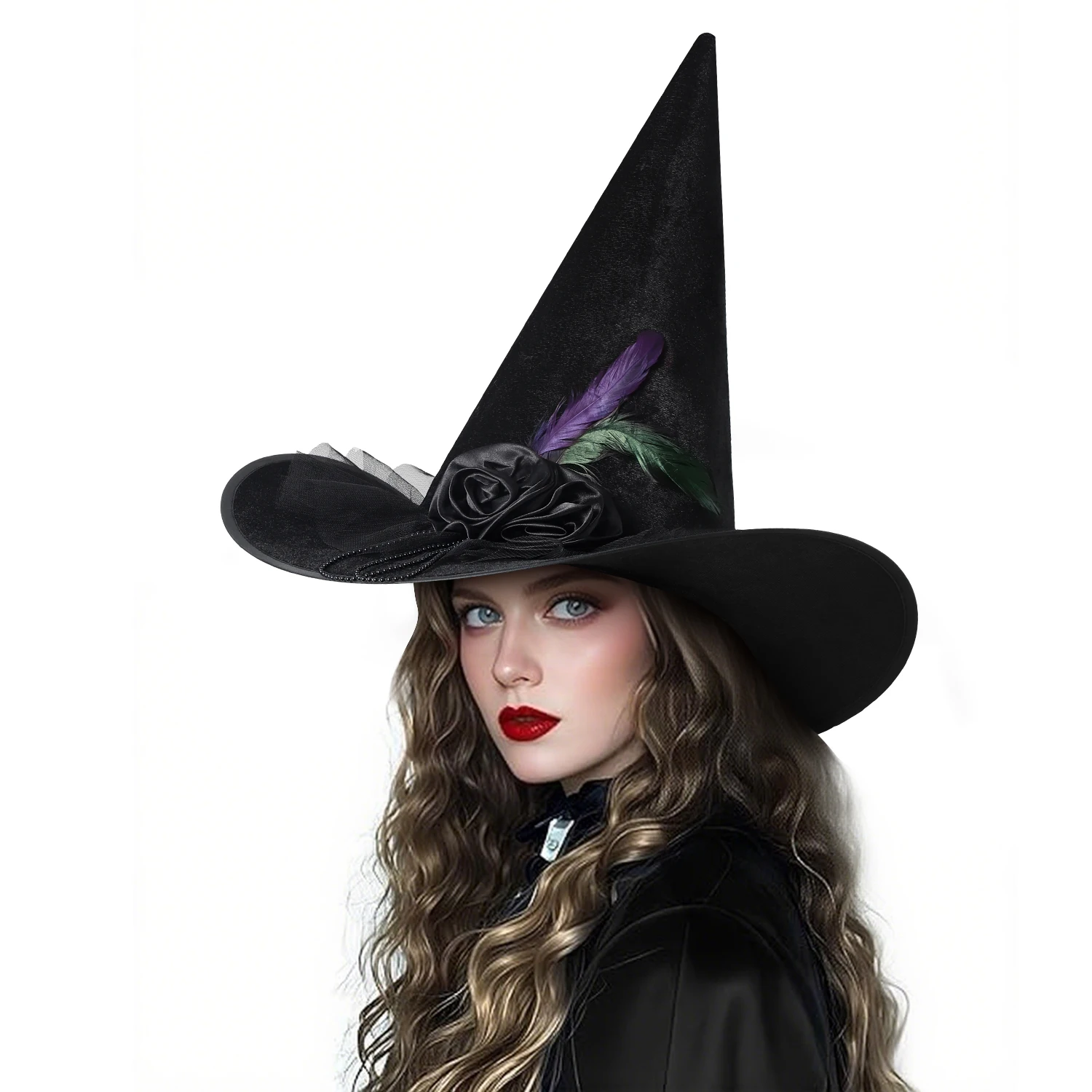 Women Halloween Witch Hat, 6 Styles Black Orange Purple Pointed Witch Hats with Spider Web Lace, Flower, Feather and LED Light Decor, Halloween Party Cosplay Costume Accessory - Image 12