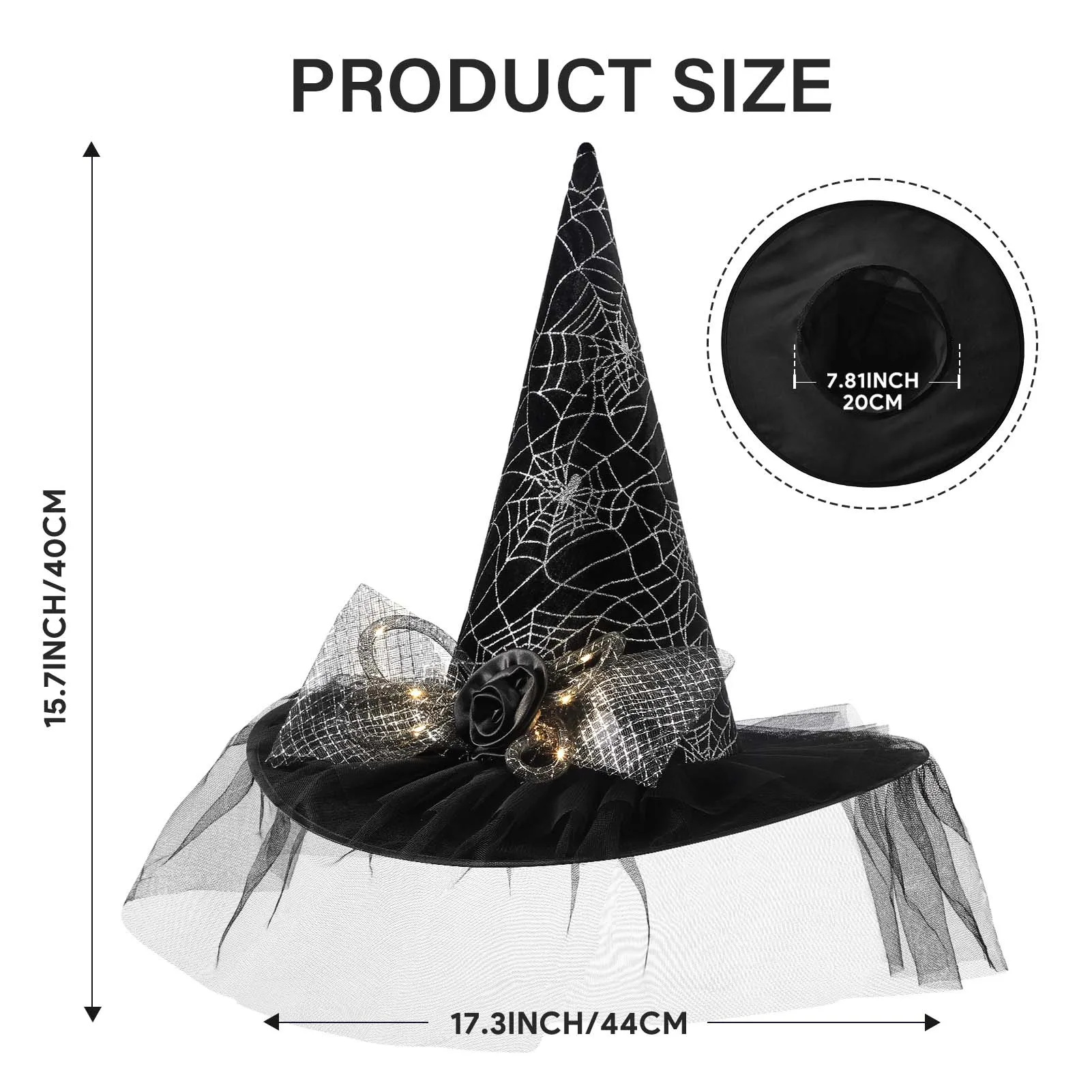 Women Halloween Witch Hat, 6 Styles Black Orange Purple Pointed Witch Hats with Spider Web Lace, Flower, Feather and LED Light Decor, Halloween Party Cosplay Costume Accessory - Image 17