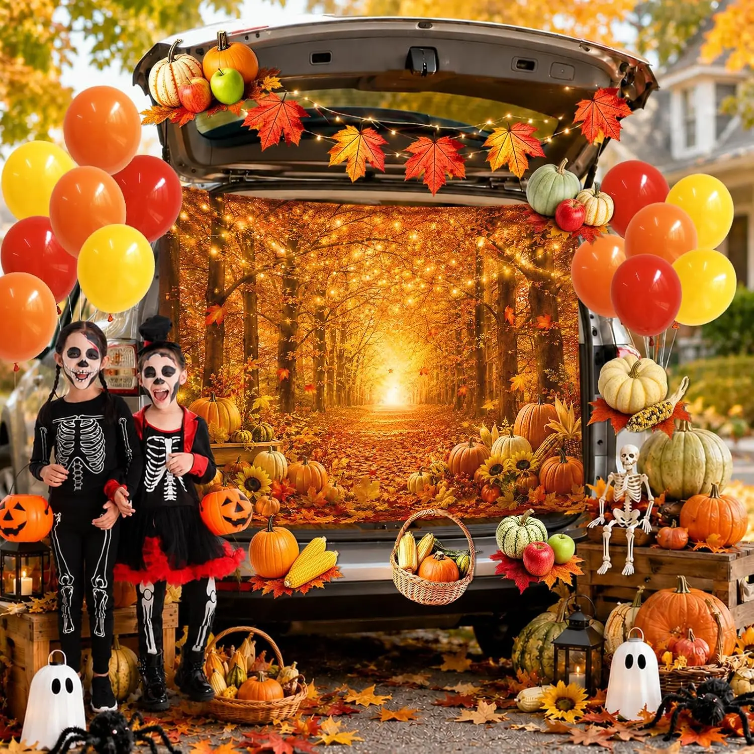 Halloween Trunk or Treat Car Decorations Kit, Autumn Pumpkin Themed Outdoor Garage Archway SUV Decorations with Fall Banner, Backdrop,Balloons and Stickers - Image 5