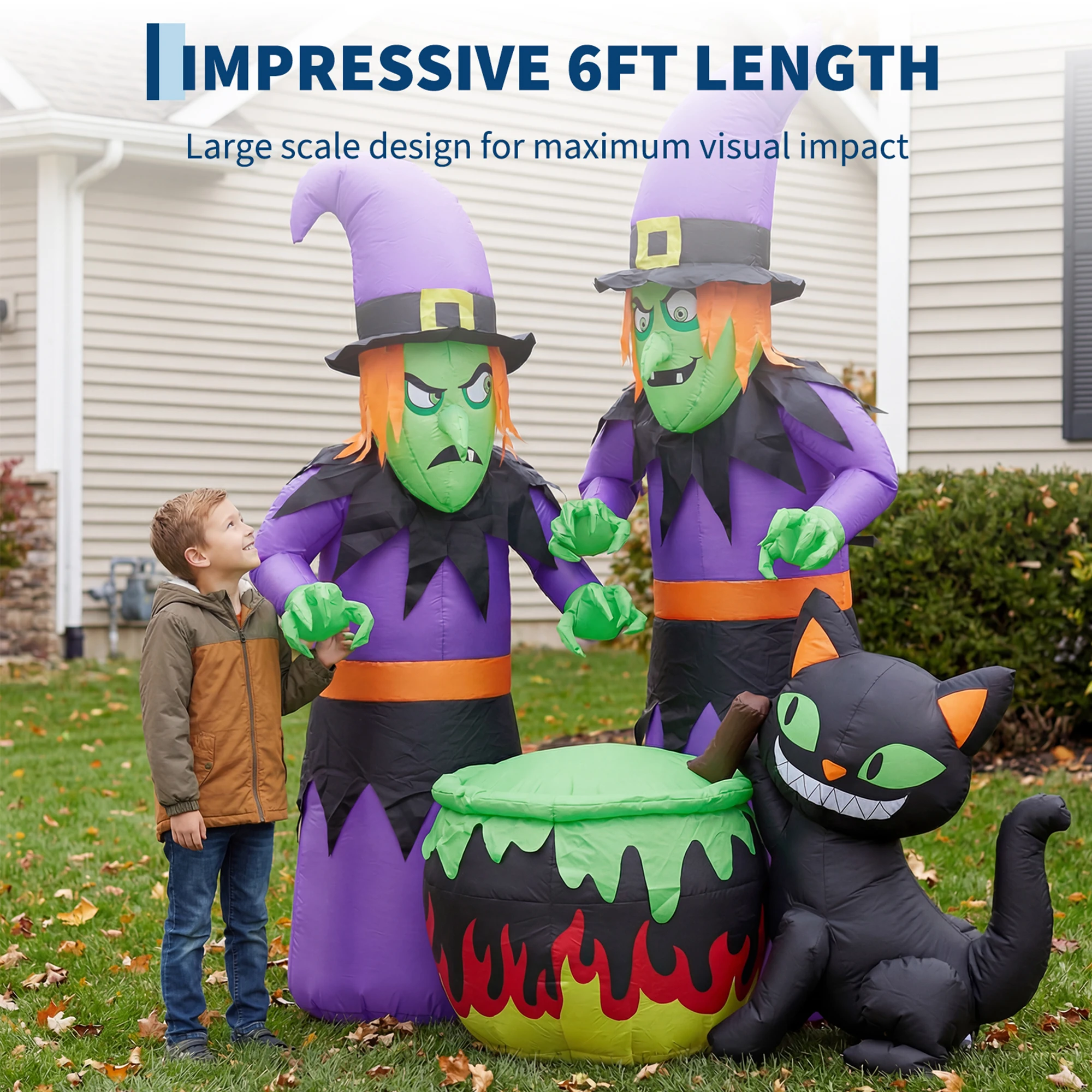 Halloween Inflatable Witch with Cauldron and Black Cat 180cm LED Lighted Waterproof - Image 3