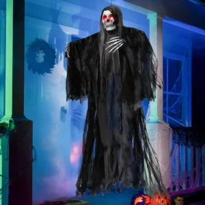 59β Animated Hanging Grim Reaper Halloween Outdoor Decorations with Voice Control Glowing Eyes and Creepy Sound Halloween Decoration for Haunted House Prop Graveyard Lawn Indoor Party Supplies