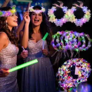 28pcs LED Glow In Dark Hawaiian Rose Flower Headband Wreath Set, Luminous Floral Hair Accessories for Wedding, Concert, Valentine’s Day, Graduation, Birthday & Carnival Party Decor for Women Men