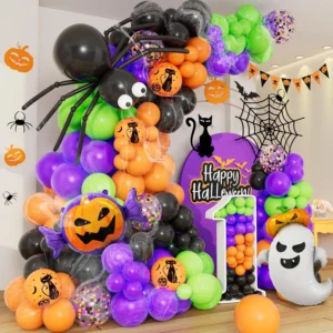 DBKL 159Pcs Halloween Balloons Garland Arch Kit, Ghost Pumpkin Foil Balloons with Black Orange Purple Fruit Green Confetti Balloon for Halloween Party Decorations