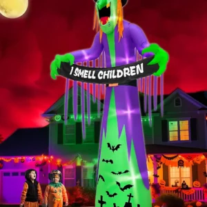Giant 12FT Halloween Inflatable Witch Outdoor Garden Decoration with LED Lights Scary Witch Holds I Smell Children Banner