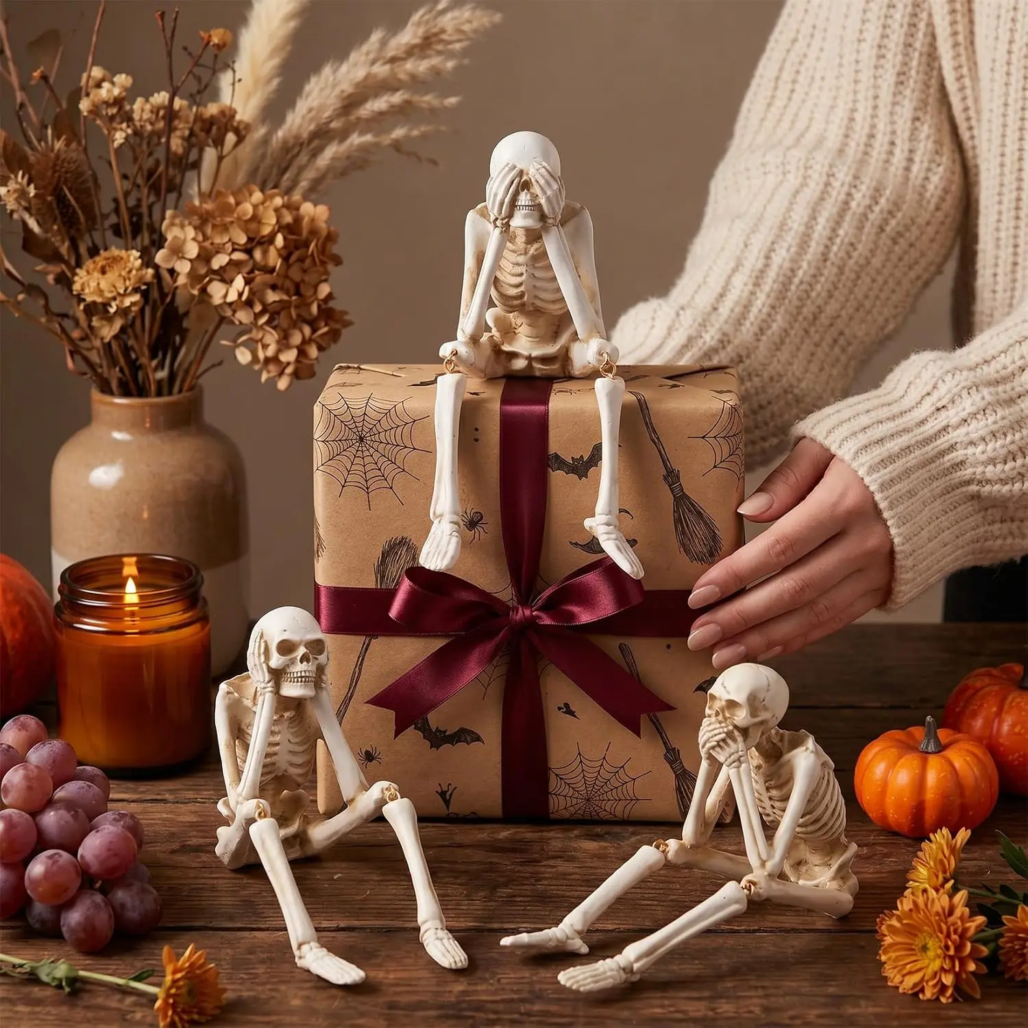 3PCS Halloween Skeleton Figurines Set Full Body Skeleton H Movable Joint Plastic Hanging Skull Ornament for Haunted House Party Supplies - Image 15