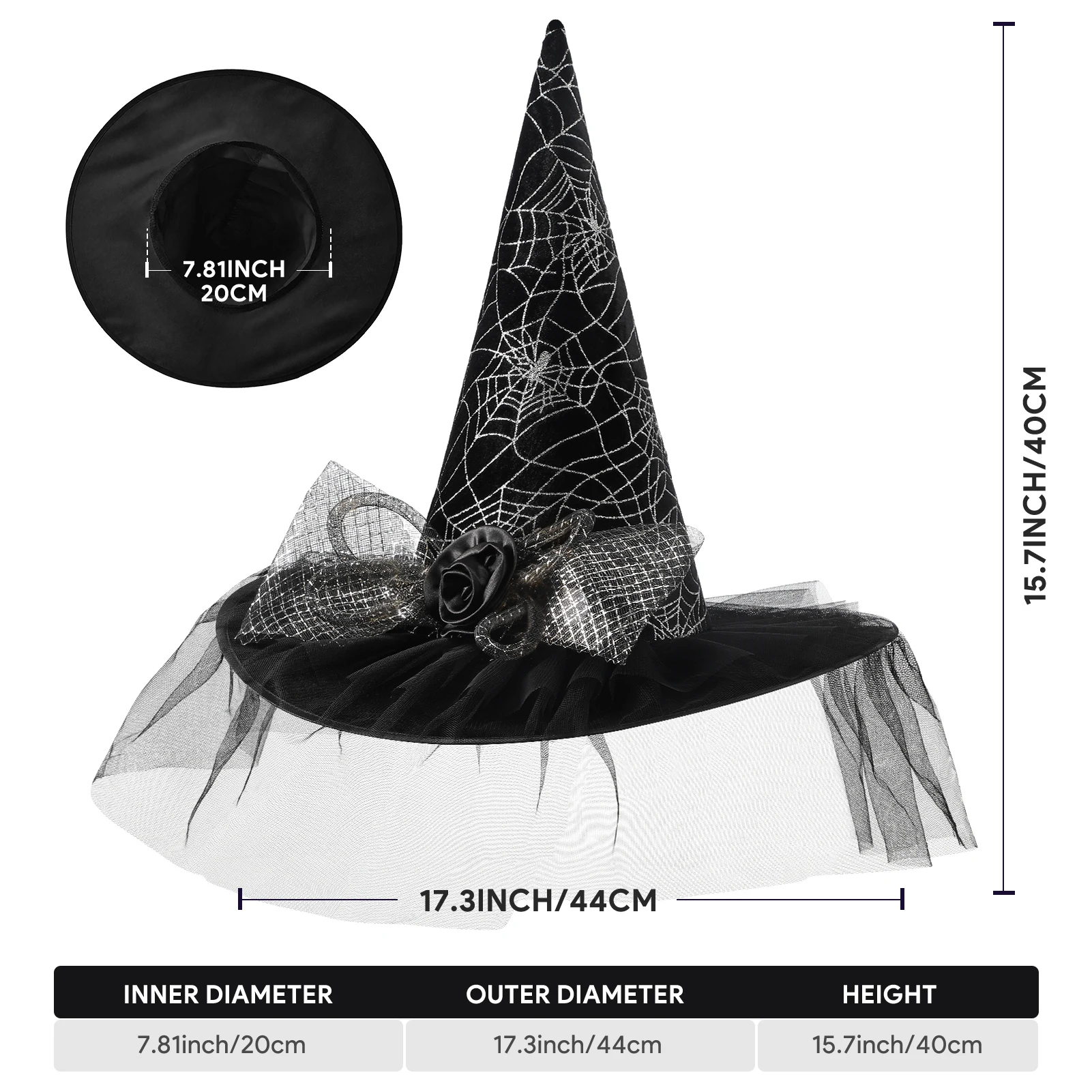 Women Halloween Witch Hat, 6 Styles Black Orange Purple Pointed Witch Hats with Spider Web Lace, Flower, Feather and LED Light Decor, Halloween Party Cosplay Costume Accessory - Image 6
