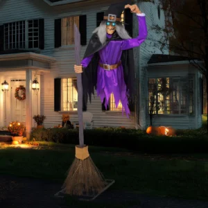 8FT Halloween Animated Flying Witch Decorations Outdoor Floating Witch on Broom Animatronics Hovering Witch Decor with Light Eyes and Spooky Voice, Scary Haunted House Prop for Outside Yard Lawn