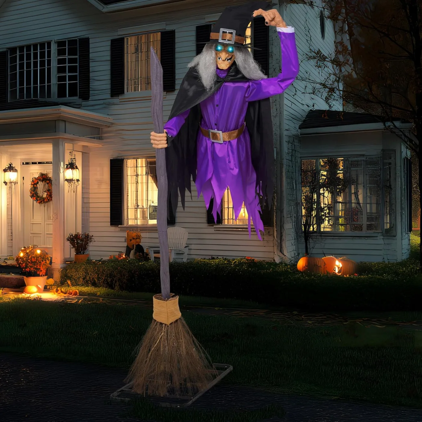 8FT Halloween Animated Flying Witch Decorations Outdoor Floating Witch on Broom Animatronics Hovering Witch Decor with Light Eyes and Spooky Voice, Scary Haunted House Prop for Outside Yard Lawn