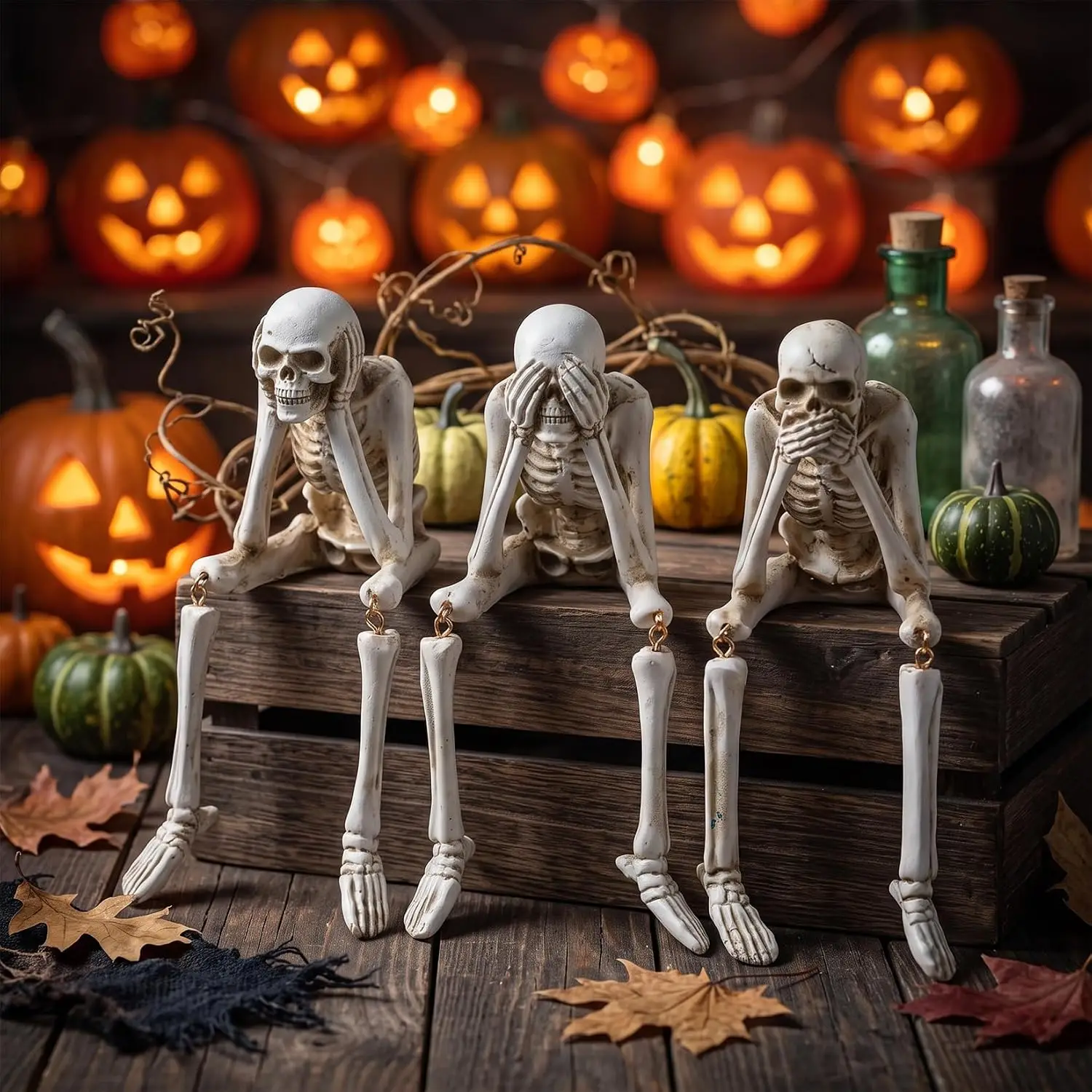 3PCS Halloween Skeleton Figurines Set Full Body Skeleton H Movable Joint Plastic Hanging Skull Ornament for Haunted House Party Supplies