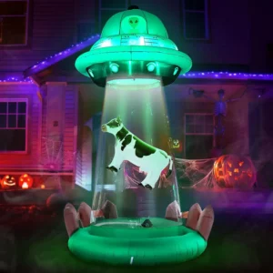 Halloween Inflatable UFO Outdoor Decoration, 10 FT Yard Display with Floating Cow, Giant Blow-Up Spaceship with Cow for Halloween Lawn Decor
